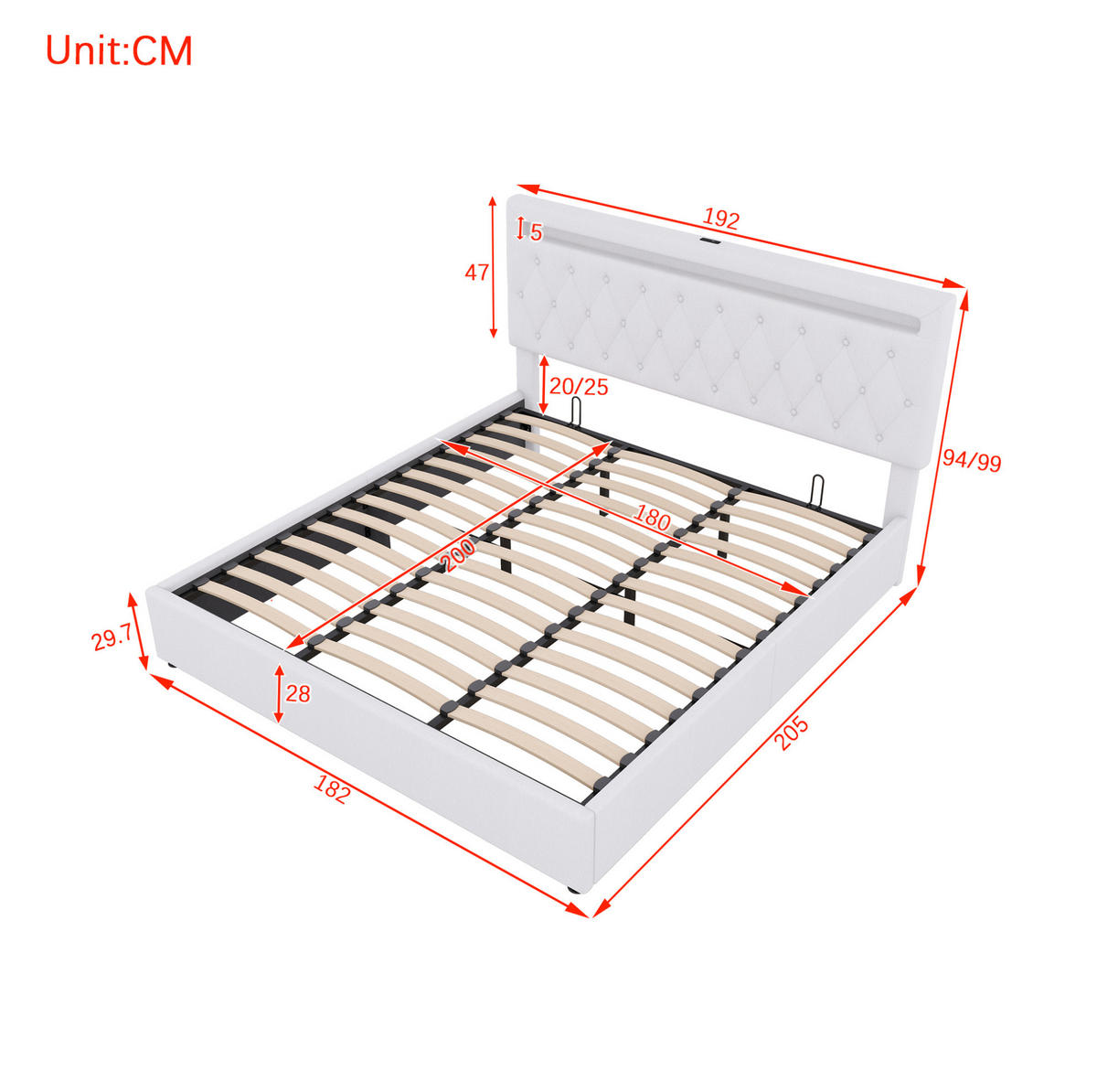 BETT mit Stauraum 180x200 cm Leinen Weiß mit LED und USB - Weiß, Metall (180/200cm) - Meubliv