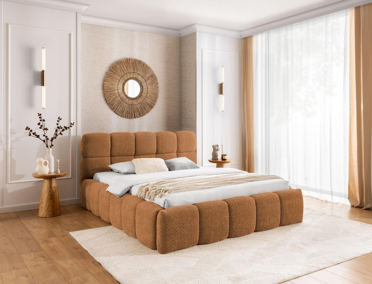 POLSTERBETT SOFIA 180x200 mit Bettkasten,Bubble,Doppelbett,Lattenrost,Boxspringbett-Optik,ohne Matratze-Fuchsrot - Cognac, Holz (180/200cm) - Furnistar