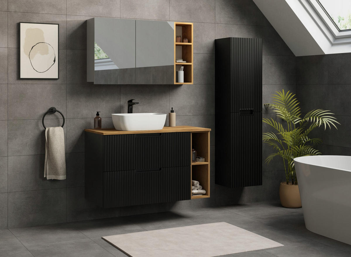 WASCHBECKUNTERSCHRANK VENA 100 cm mit Arbeitsplatte Farbe: Mattweiß mit einem Regal Gerillte Vorderseite Matt schwarz - Schwarz/Weiß, Holzwerkstoff (100/58/46cm) - Rodan