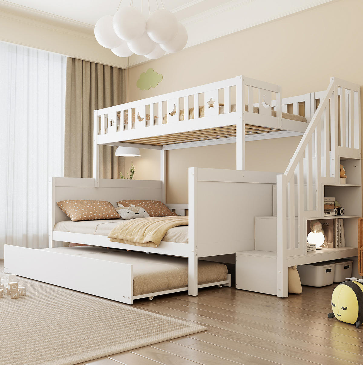 ETAGENBETT 90/200 und 140/200 cm in Weiß mit Stauraum und Rollbett - Weiß, Holz (90/200cm) - OKMYHOME