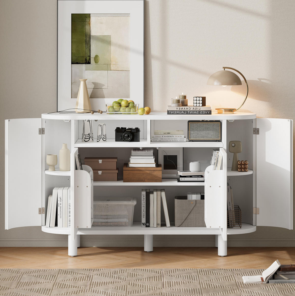 SIDEBOARD 120/38/77 cm mit höhenverstellbaren Böden, Rundbogenfach und verstellbaren Füßen aus MDF, Weiß - Weiß, Holzwerkstoff (120/77/38cm) - Redom
