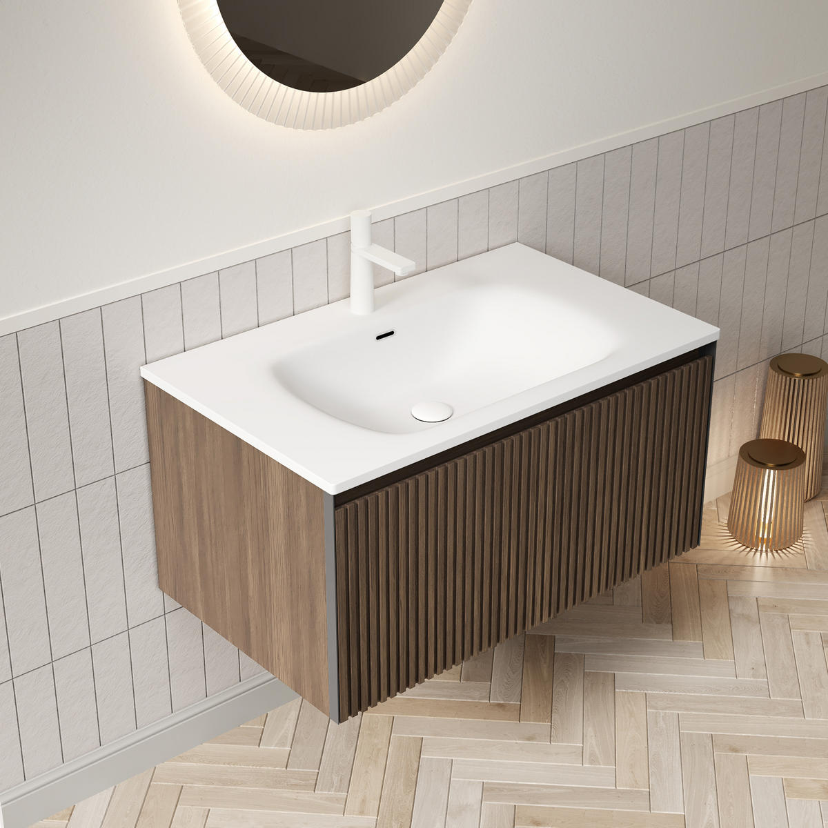 WASCHTISCHSET mit Schublade 80 cm Brown Oak/Weiß - Schwarz, Holzwerkstoff (46/41.8/80cm) - Beauniv