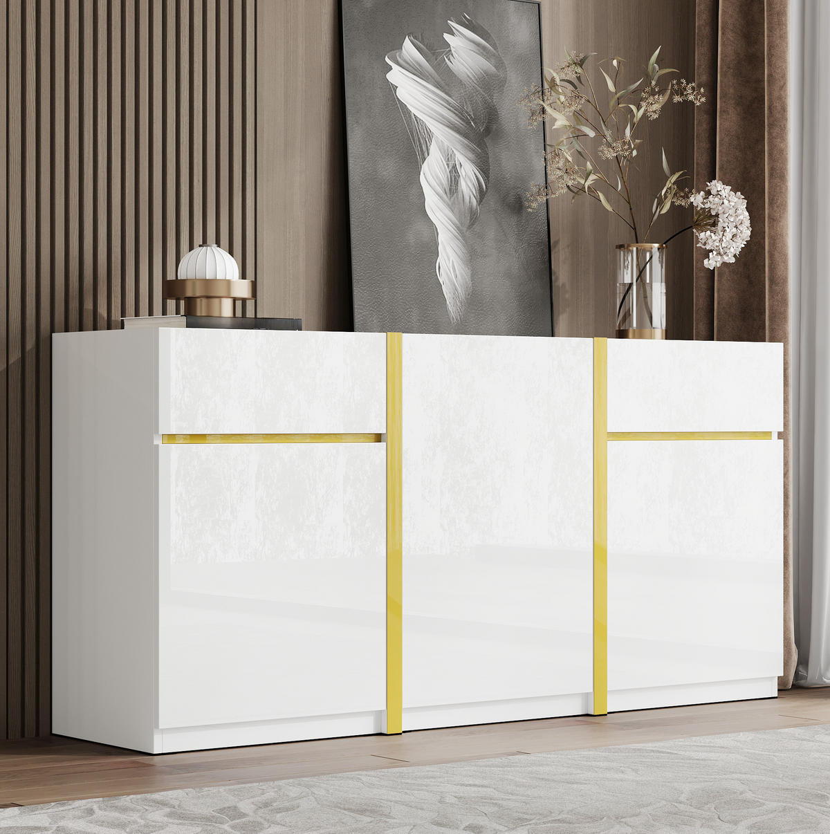 SIDEBOARD 160/40/78 cm in Weiß Hochglanz mit 3 Türen und 2 Schubladen - Weiß, Holzwerkstoff (160/78/40cm) - Flora Grace