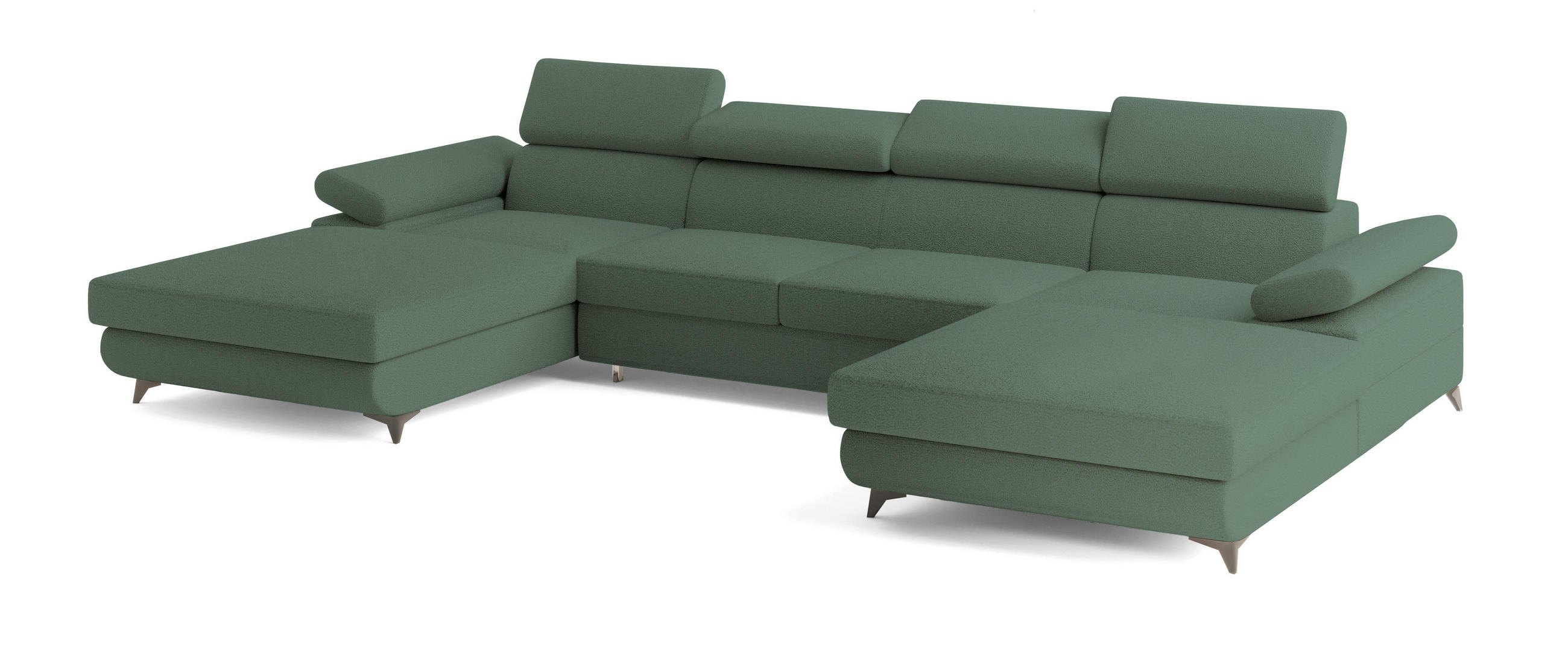 WOHNLANDSCHAFT DETTI Grün Boucle-Stoff mit Schlaffunktion - Grün, Holz (339/89/190cm) - MASSENO