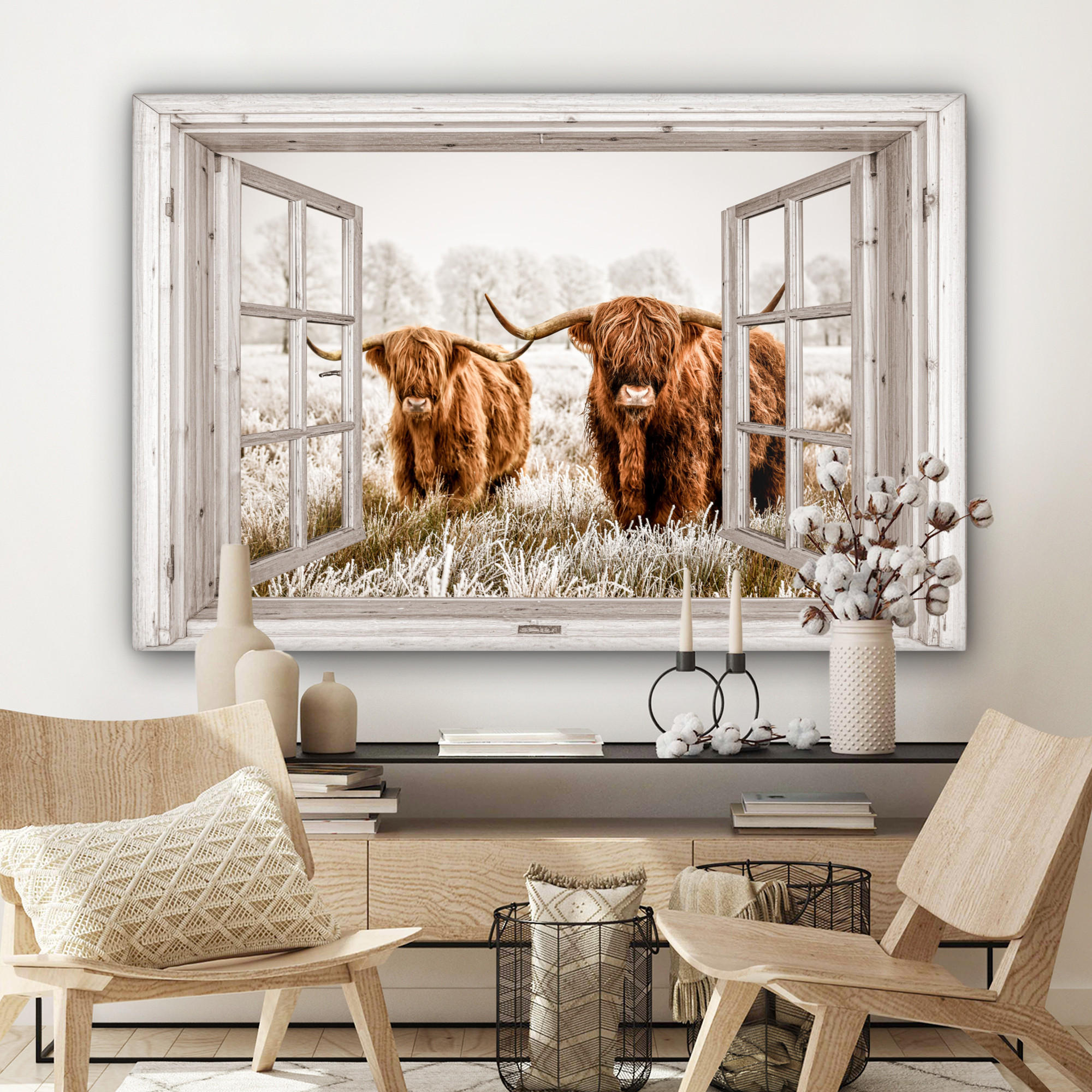 LEINWANDBILD Durchblick - Schottische Highlander - Tiere Groß 140x90 cm - Hellbraun, Textil (140/90cm) - MuchoWow