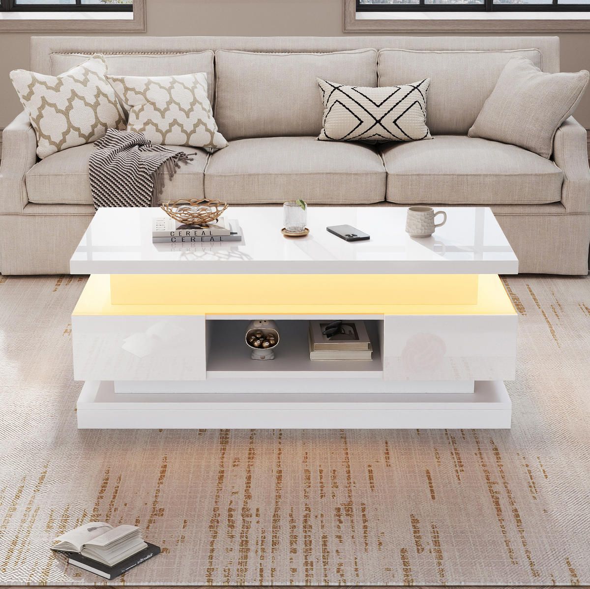 COUCHTISCH 100/50/40 cm höhenverstellbar mit LED, USB-Anschluss, 2 Schubladen und Stauraum, Weiß - Weiß, Holzwerkstoff (100/50/40cm) - Redom