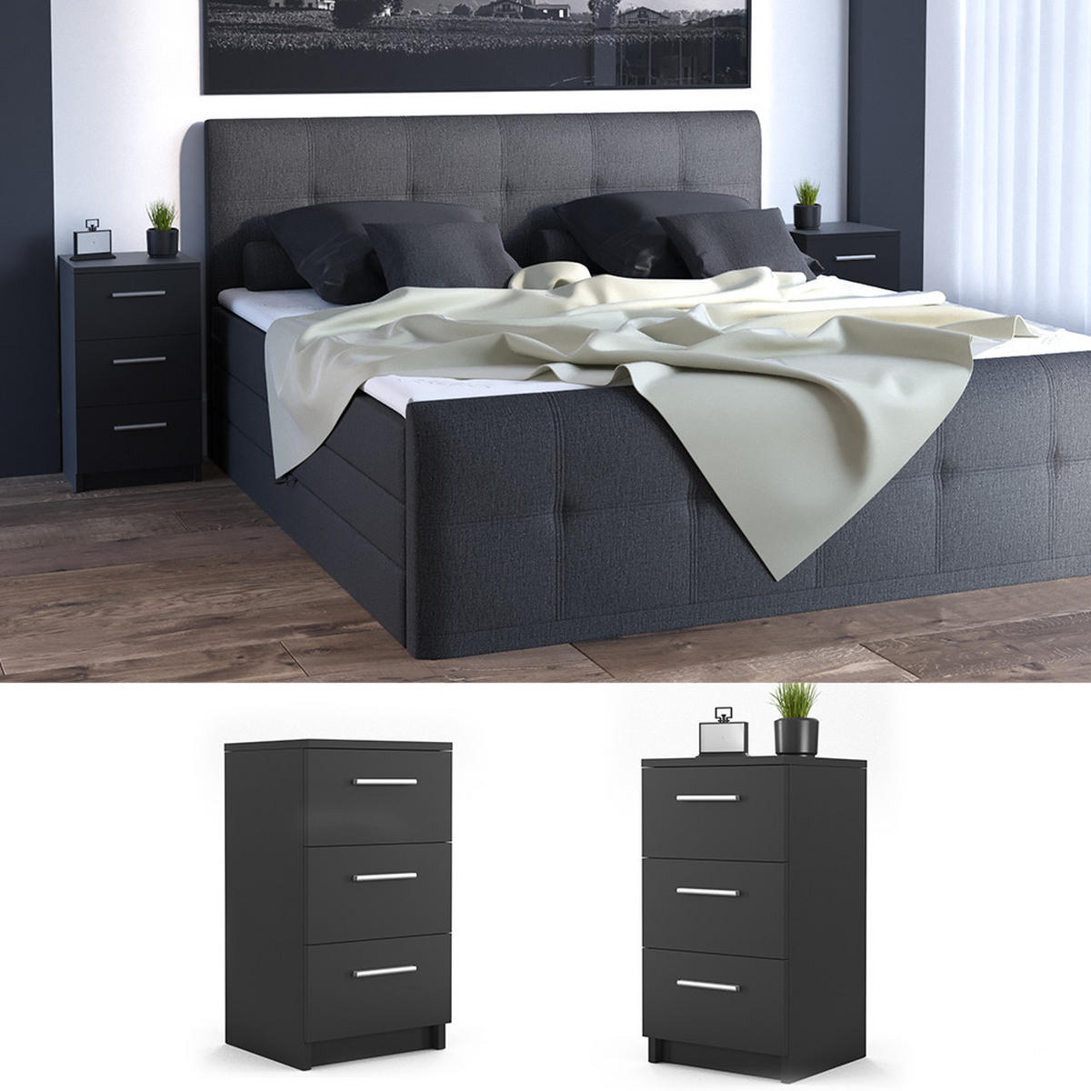 NACHTTISCH Schwarz 38 x 66 cm 2er Set - Schwarz, Holzwerkstoff (38/66/35cm) - Vicco