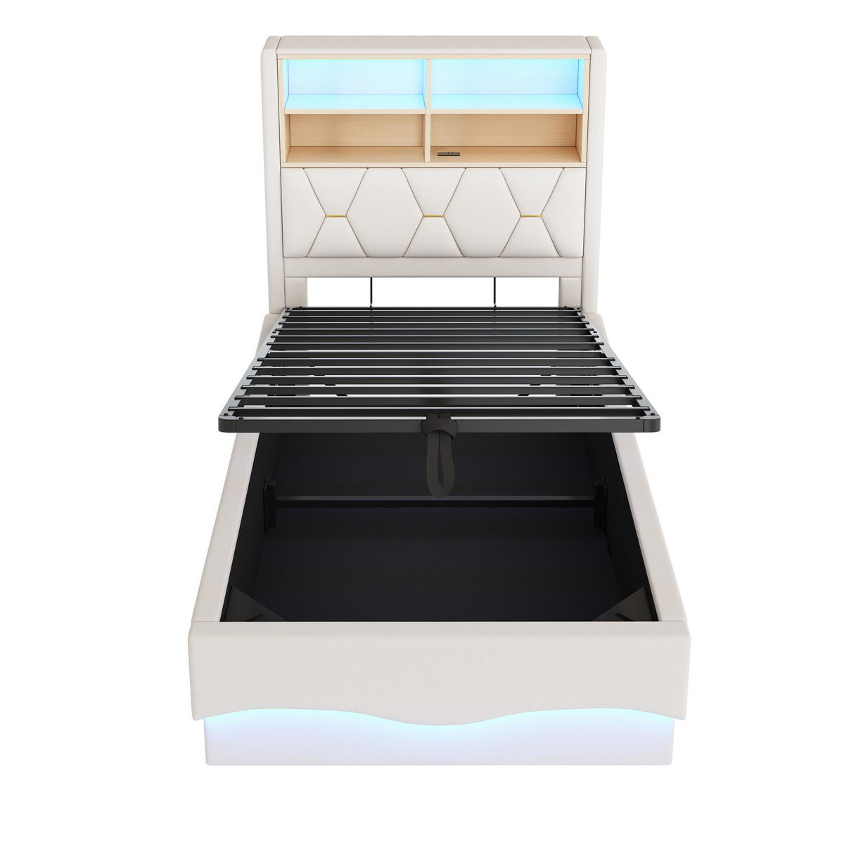 POLSTERBETT aus Leinen und Metall 90x200 cm in Beige mit LED & USB & Stauraum - Beige, Textil (90/200cm) - Modfu