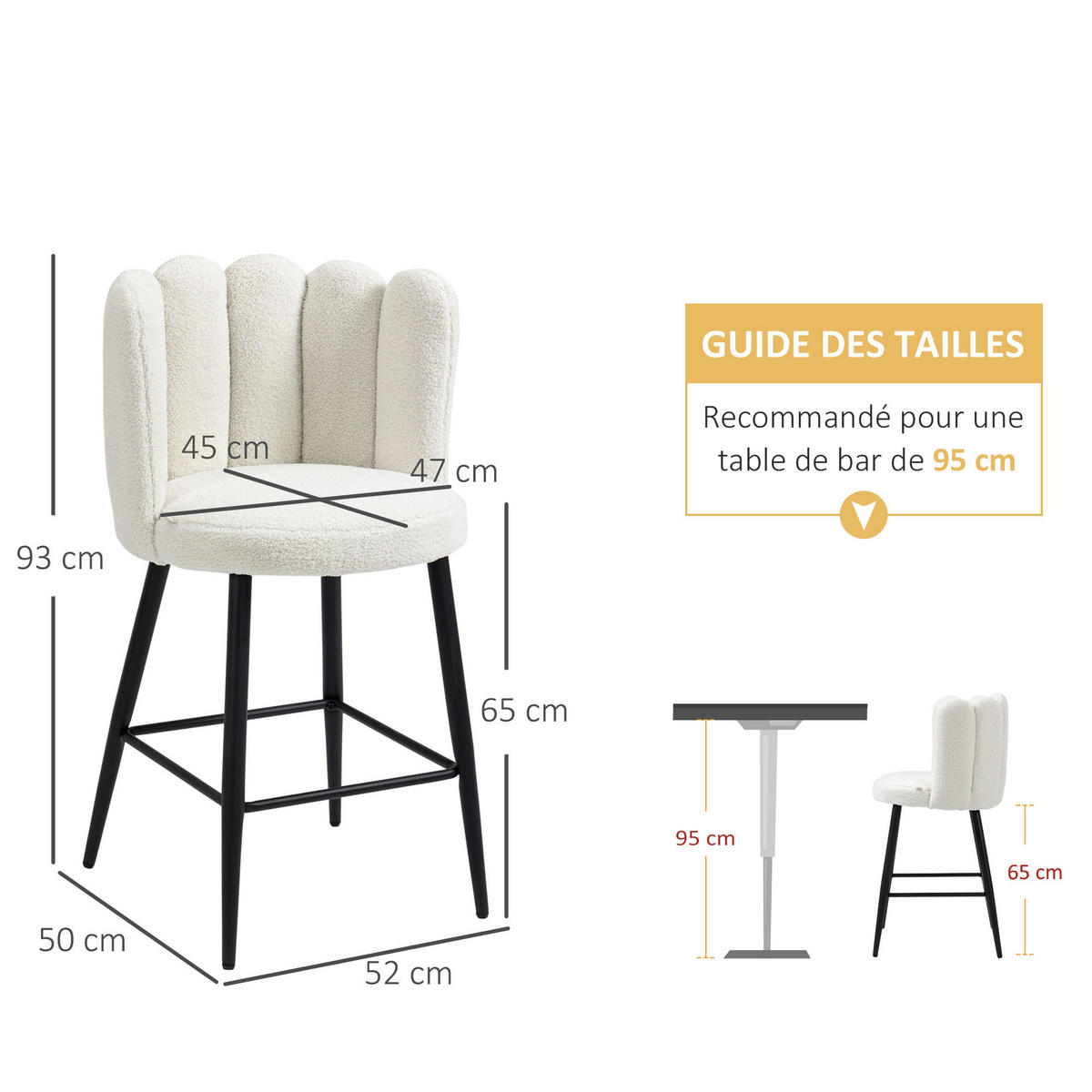 BARHOCKER 2er-Set DE-14722 mit Boucle-Bezug & Fußstütze Creme/Schwarz - Weiß, Metall (50/93/52cm) - ComfortXL