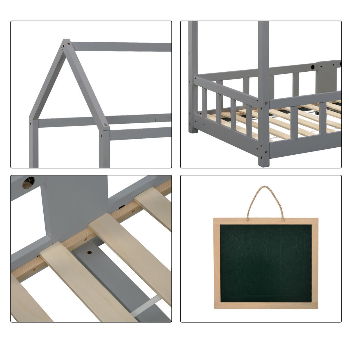 HAUSBETT 90/200 cm Grau aus Kiefer Massivholz mit Tafel und Rausfallschutz - Grau, Holzwerkstoff (90/200cm) - OKWISH