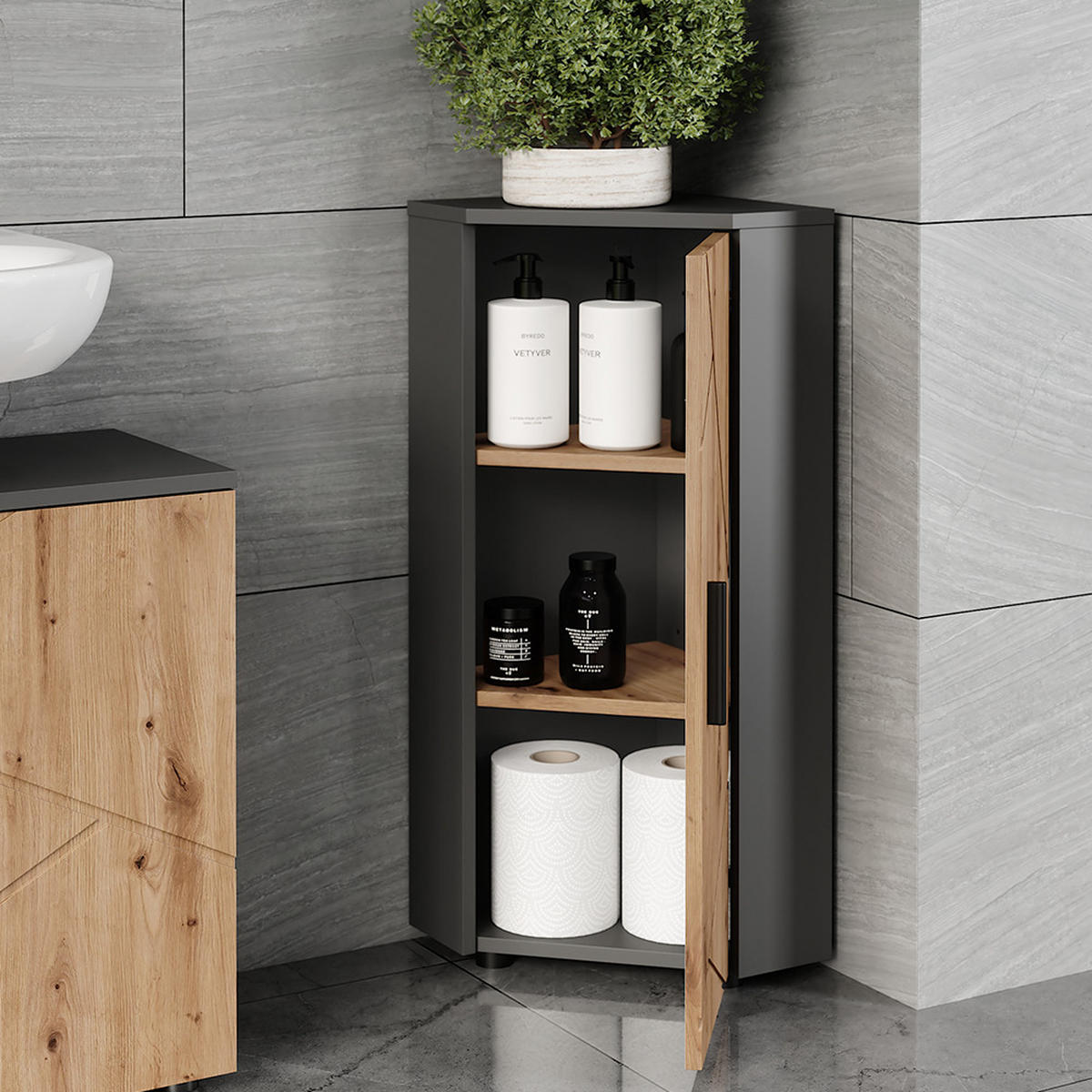 ECKMIDISCHRANK Irma Anthrazit/Artisan 33 x 81 cm mit 3 Regalfächer - Anthrazit/Eiche Artisan, Holzwerkstoff (33/81/33cm) - Vicco