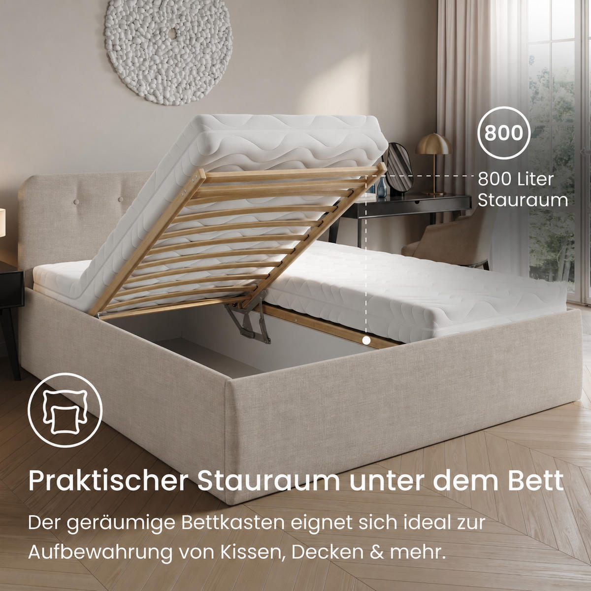 POLSTERBETT mit verstellbarem Lattenrost & Bettkasten, Kaltschaummatratze, 160 x 200 cm in Creme - Creme, Holzwerkstoff/Textil (160/200cm) - Home Collective
