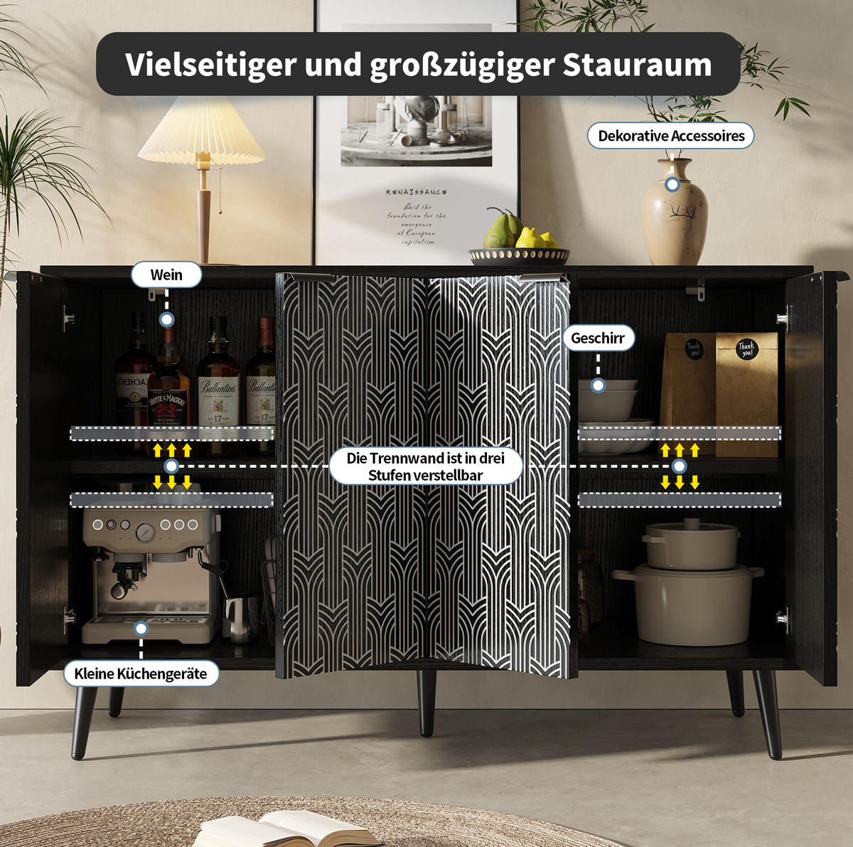 SIDEBOARD 120/35/78 cm mit 2 Türen, Metallbeinen und geometrischer Front - Schwarz, Holzwerkstoff (120/78/35cm) - BEAOK