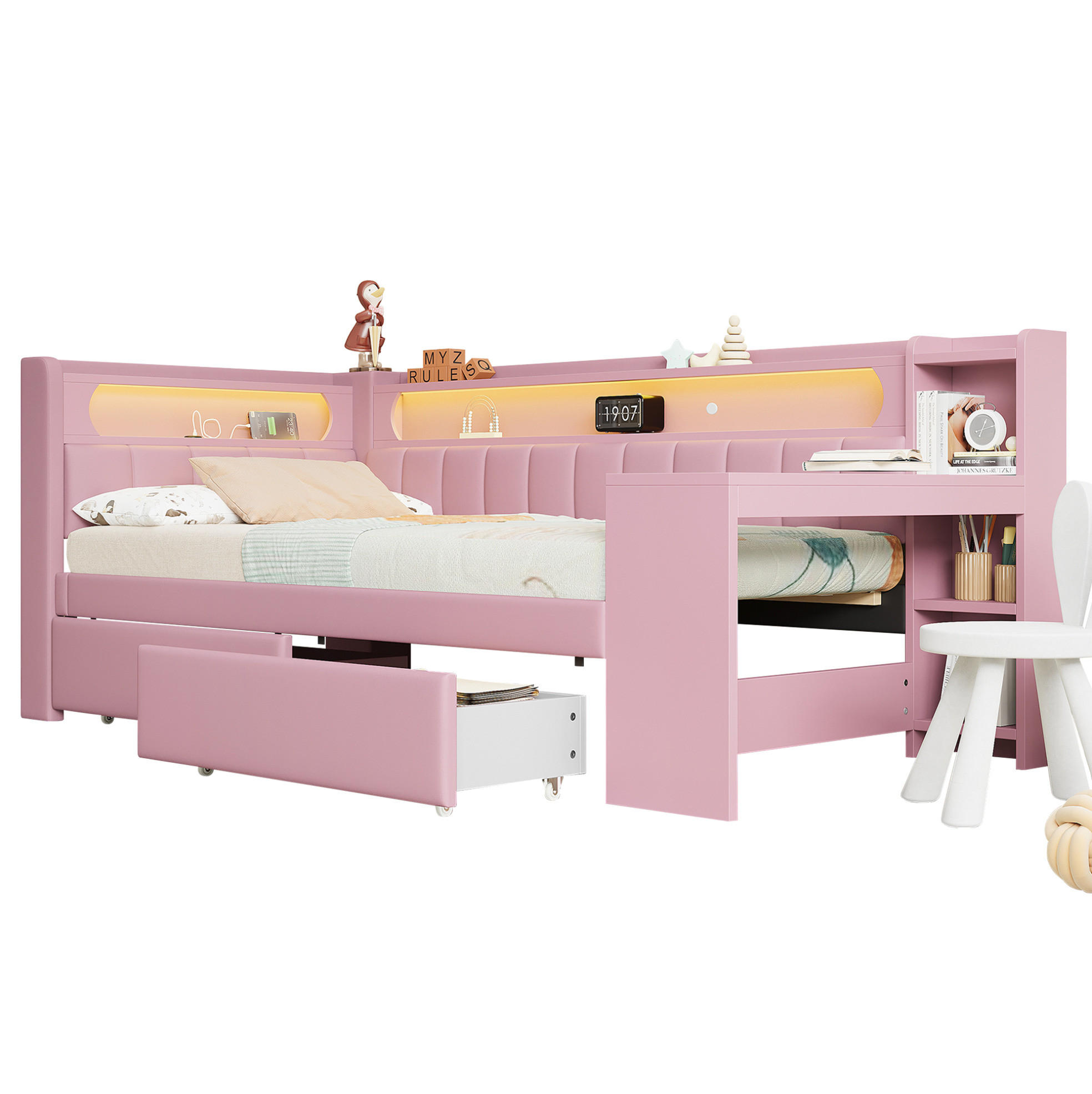 OKWISH DENNÍ postel 90/200 cm růžová z MDF a překližky s čalouněním, LED, USB a psacím stolem