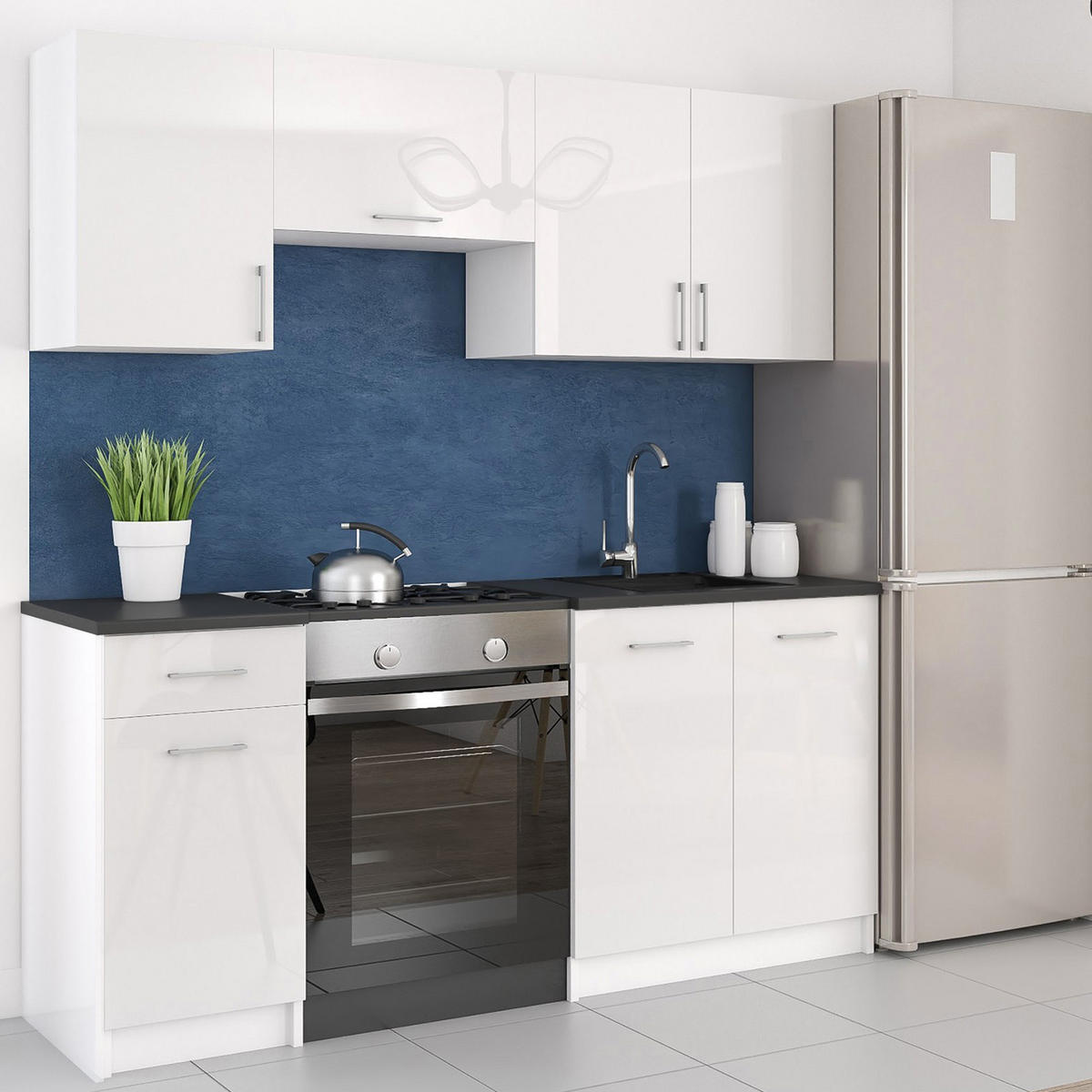 KÜCHENZEILE LECO 180 weiss glanz - Weiß Hochglanz, Holzwerkstoff (180/82/46cm) - roe furniture