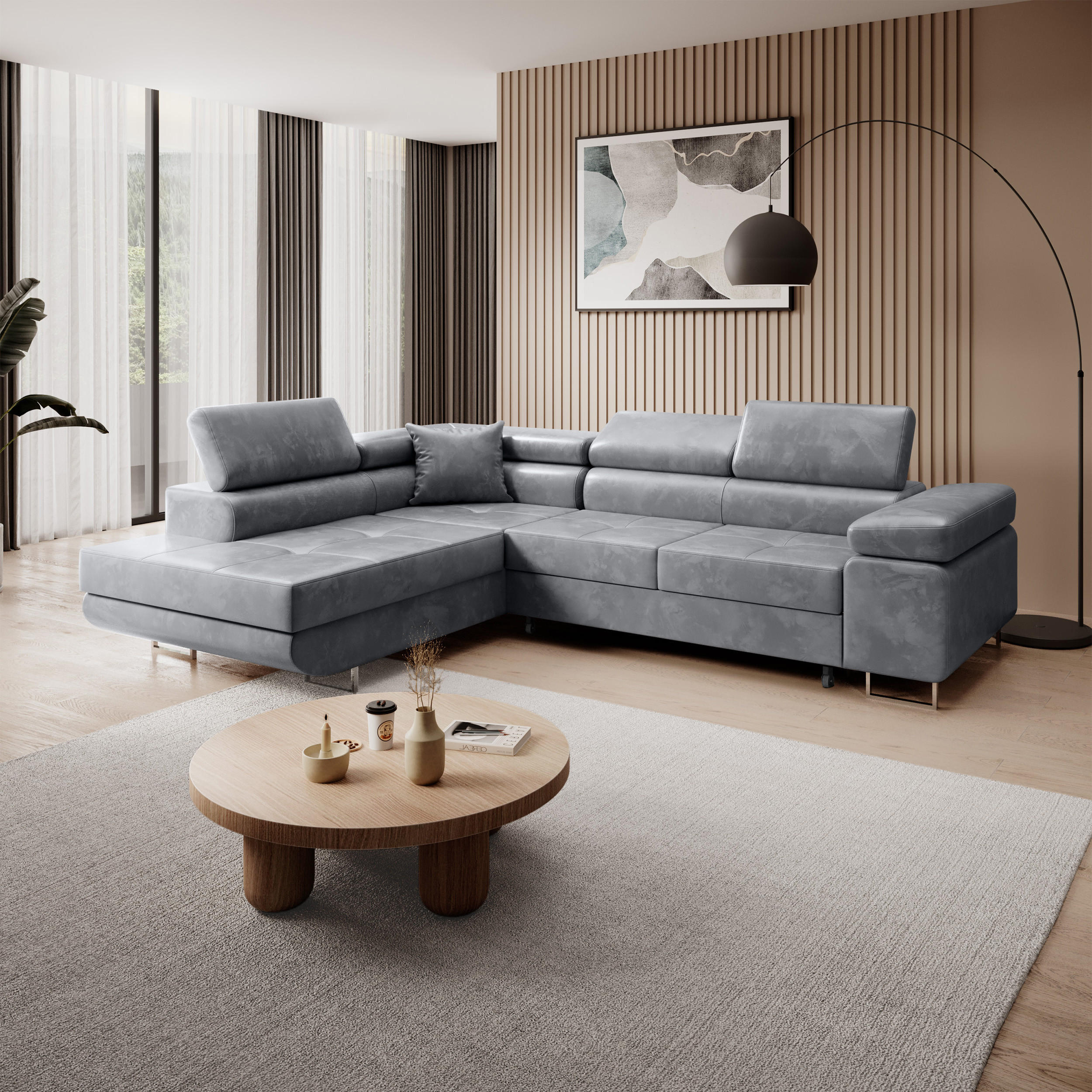 ECKSCHLAFSOFA Vild verstellbaren Kopfstützen, Hellgrau, links - Chromfarben/Hellgrau, Textil (275/203cm) - Beautysofa