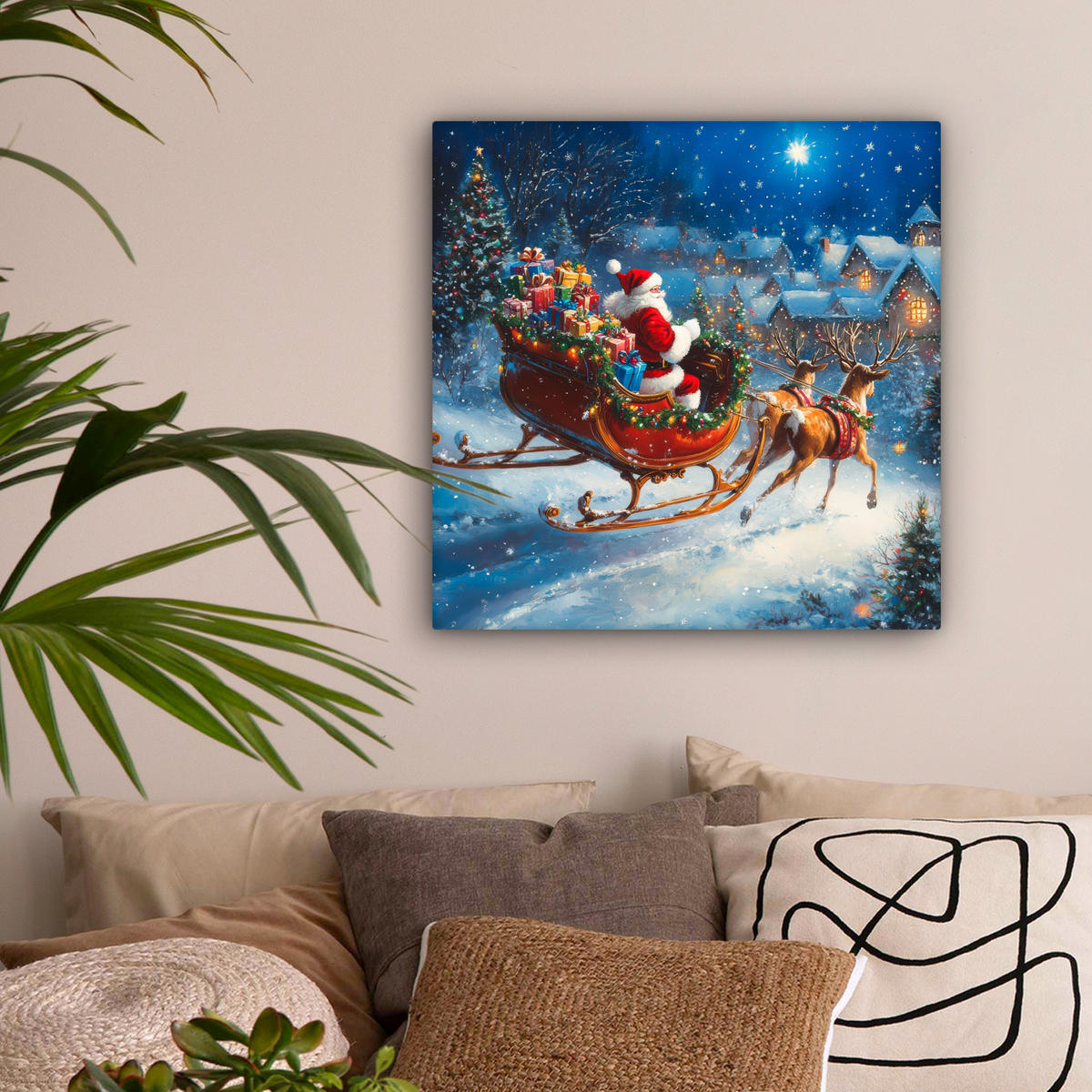 LEINWANDBILD Weihnachtsmann - Rentier - Weihnachten - Schnee Wandbild Wohnzimmer 50x50 cm - Cognac, Textil (50/50cm) - MuchoWow