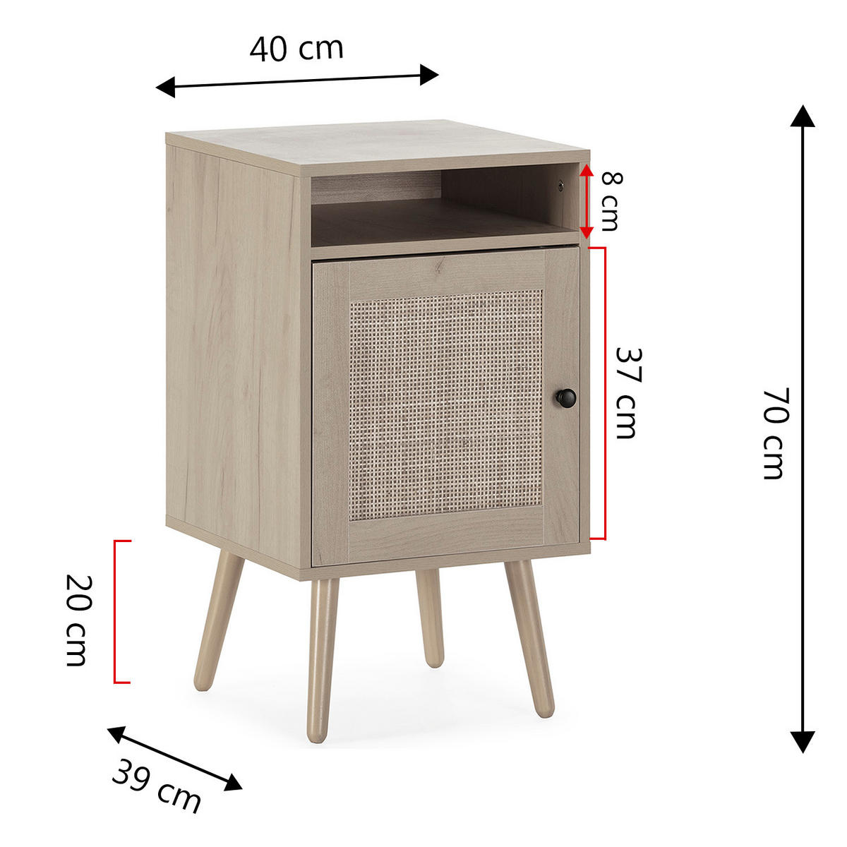 NACHTTISCH Bella 1 Tür in Eichenfarbe, natürliches Rattan - Eichefarben, Holz/Holzwerkstoff (40/70/39cm) - VS Venta-stock