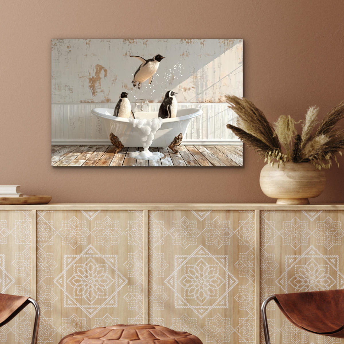 METALLBILD Vintage - Pinguin - Badewanne - Schaumstoff 60x40 cm - Schwarz, Metall (60/40cm) - MuchoWow