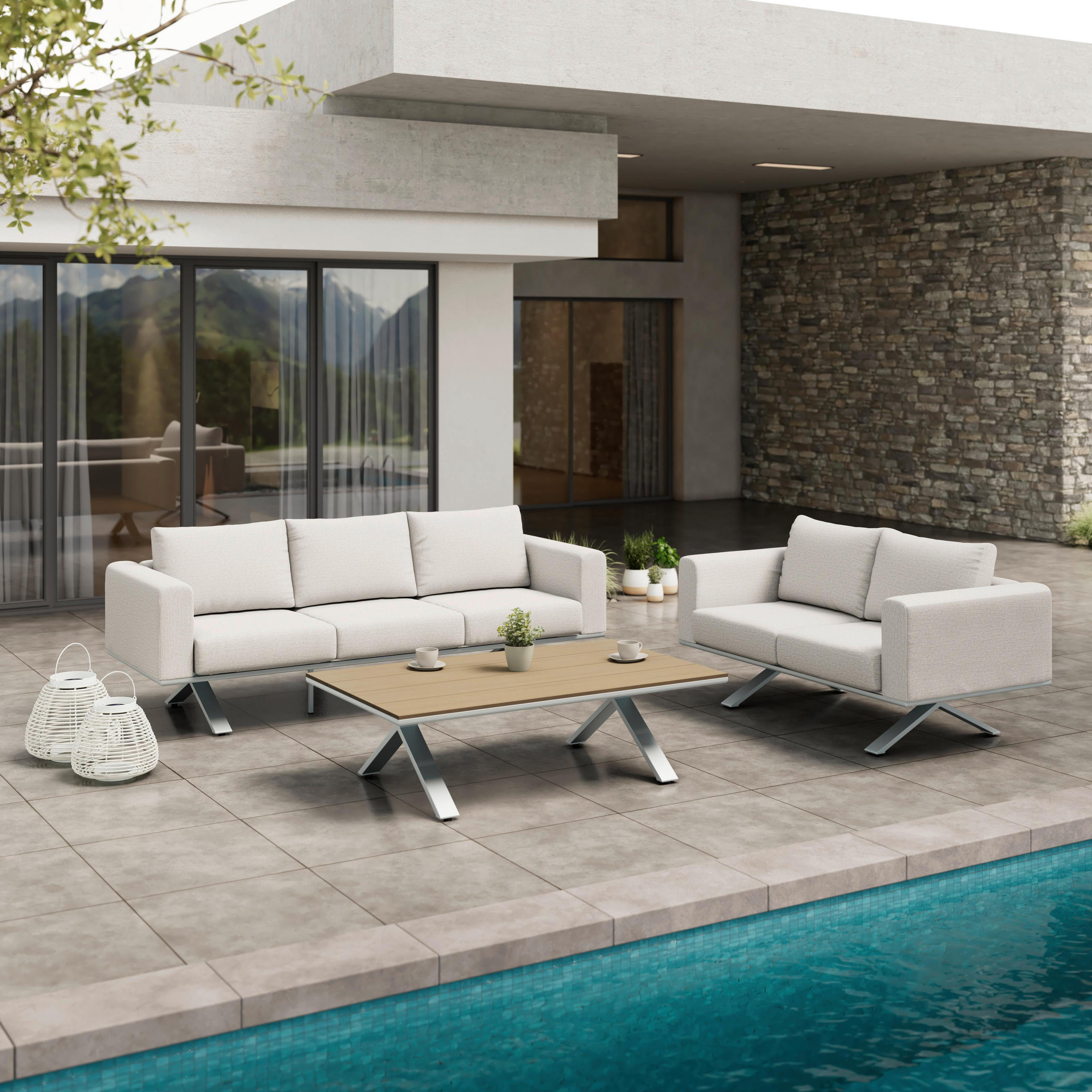 LOUNGEGARNITUR Sofia Hellgrau Outdoorstoff/Metall +Abdeckung - Hellgrau, Metall - Bessagi Garden