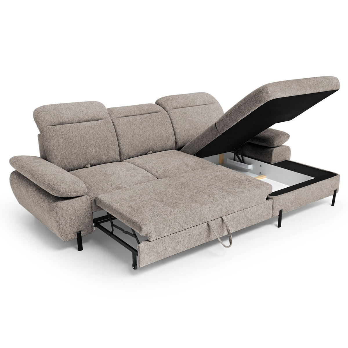ECKSCHLAFSOFA Sora Mini mit verstellbaren Kopfstützen und Schlaffunktion, Chenille-Stoff, Hellbraun, Rechts - Hellbraun/Schwarz, Textil (190/285cm) - Beautysofa