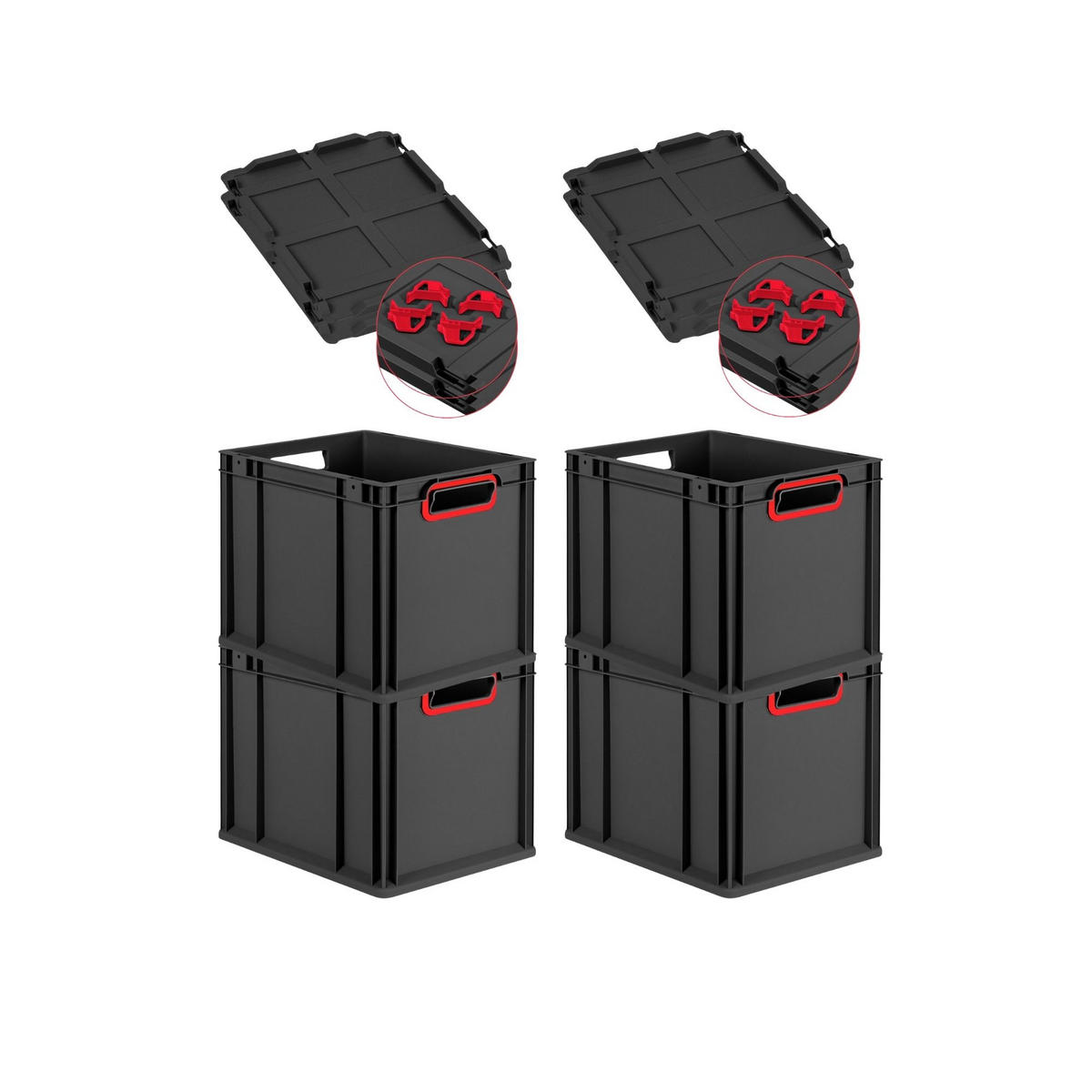 EUROBOX 4x NextGen Color mit Auflagedeckel 32x30x40 cm 30 Liter Schwarz Griffe rot offen - Rot/Schwarz, Kunststoff (30/32/40cm) - PROREGAL