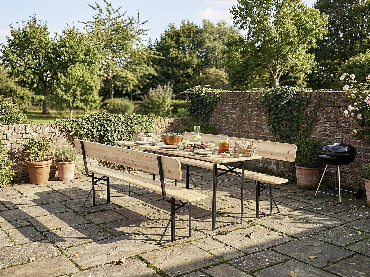 BIERTISCHGARNITUR Lisbonne 220 mit Rückenlehne Braun - Braun, Holz/Metall - Habitat Garten