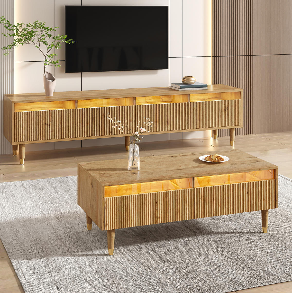 WOHNZIMMERSET TV-Schrank & Couchtisch mit LED 2er-Set Holzfarben-Gold - Braun, Holzwerkstoff (35/45/178cm) - Beauniv