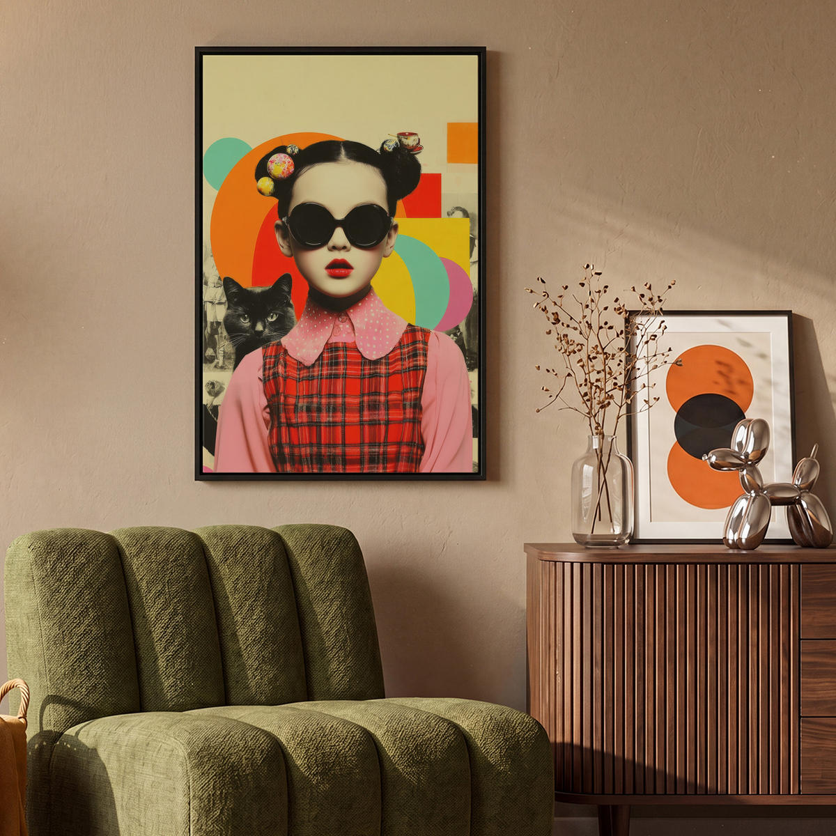 LEINWAND Bilder mit Rahmen - Mädchen - Sonnenbrille - Katze - Retro - 60x90 - Beige, Textil (60/90cm) - MuchoWow