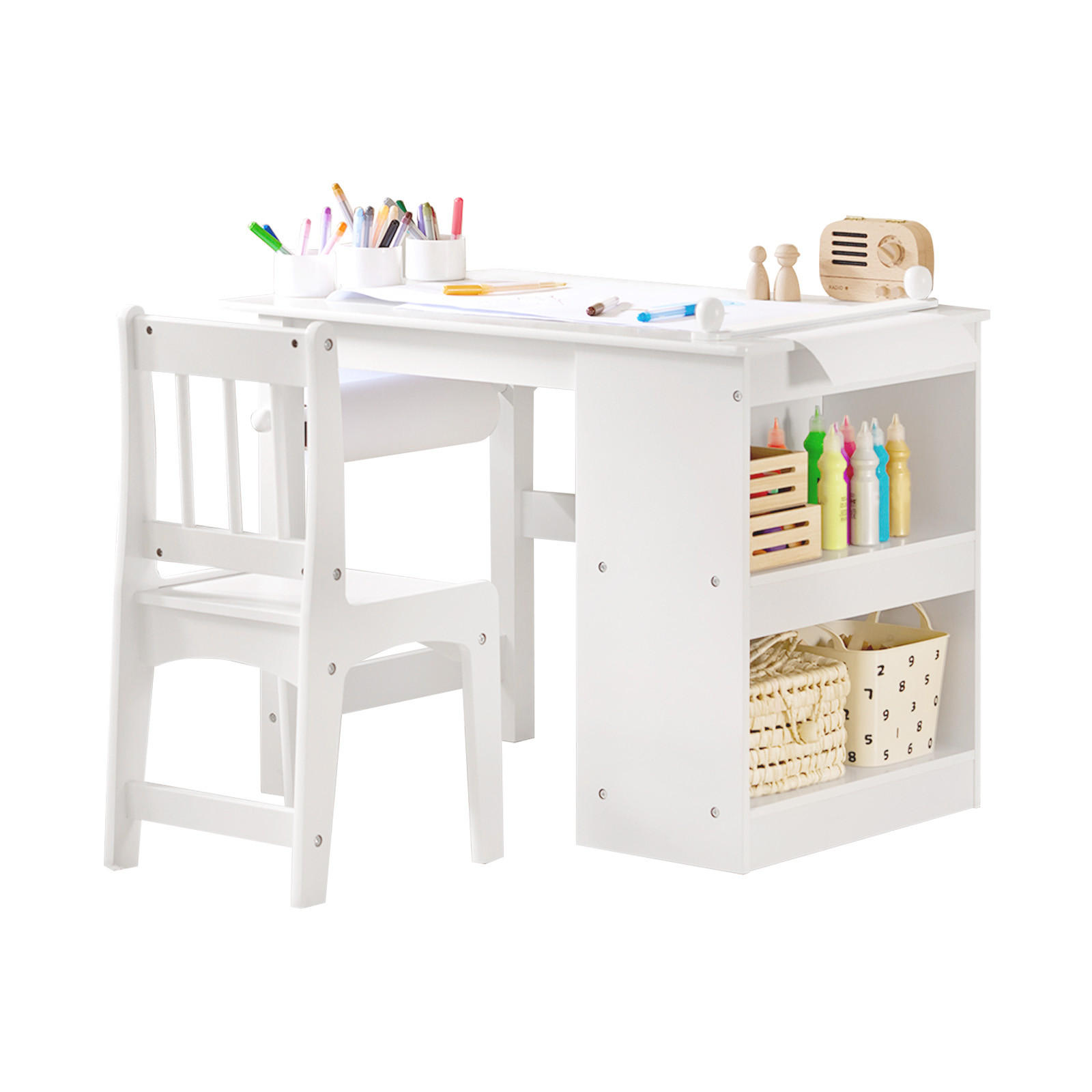 MIZA Z 1 OTROŠKIM STOLOM in 2 policama Bela 80x50x65.5cm Nordijski - bela, leseni material (80/65/54cm) - SoBuy