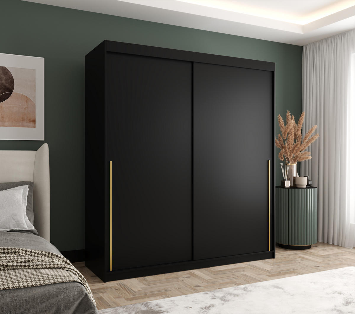 SCHIEBETÜRENSCHRANK 180 cm Breite, Schwarz mit goldenem Griff - Goldfarben/Schwarz, Holzwerkstoff (180/200/62cm) - Home Collective