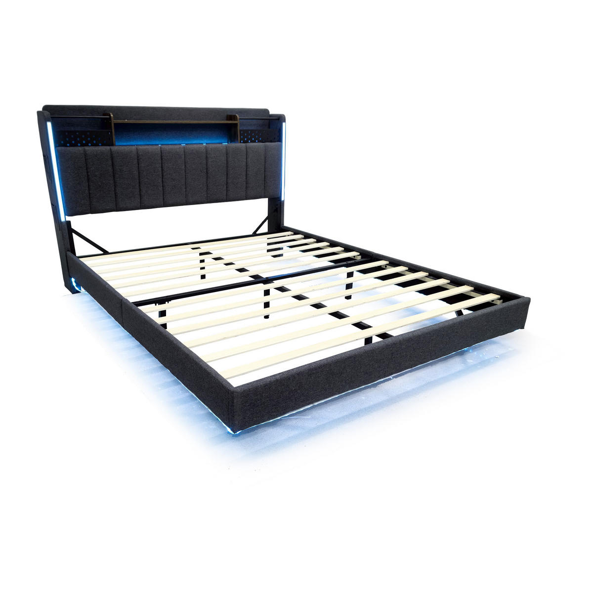 POLSTERBETT 140/200 cm DE-01840, in Grau, mit LED, USB und Stauraum-Kopfteil - Grau, Metall (140/200cm) - ComfortXL