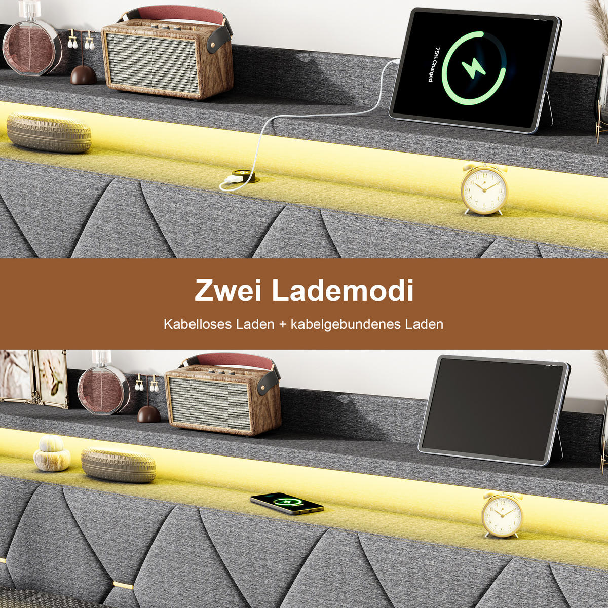 STAURAUMBETT 140x200 cm mit kabellosem Laden,USB-/Typ-C, LED, hydraulischer Stauraum, Leinenstoff, Grau - Grau, Holz (140/200cm) - BRILVERDE