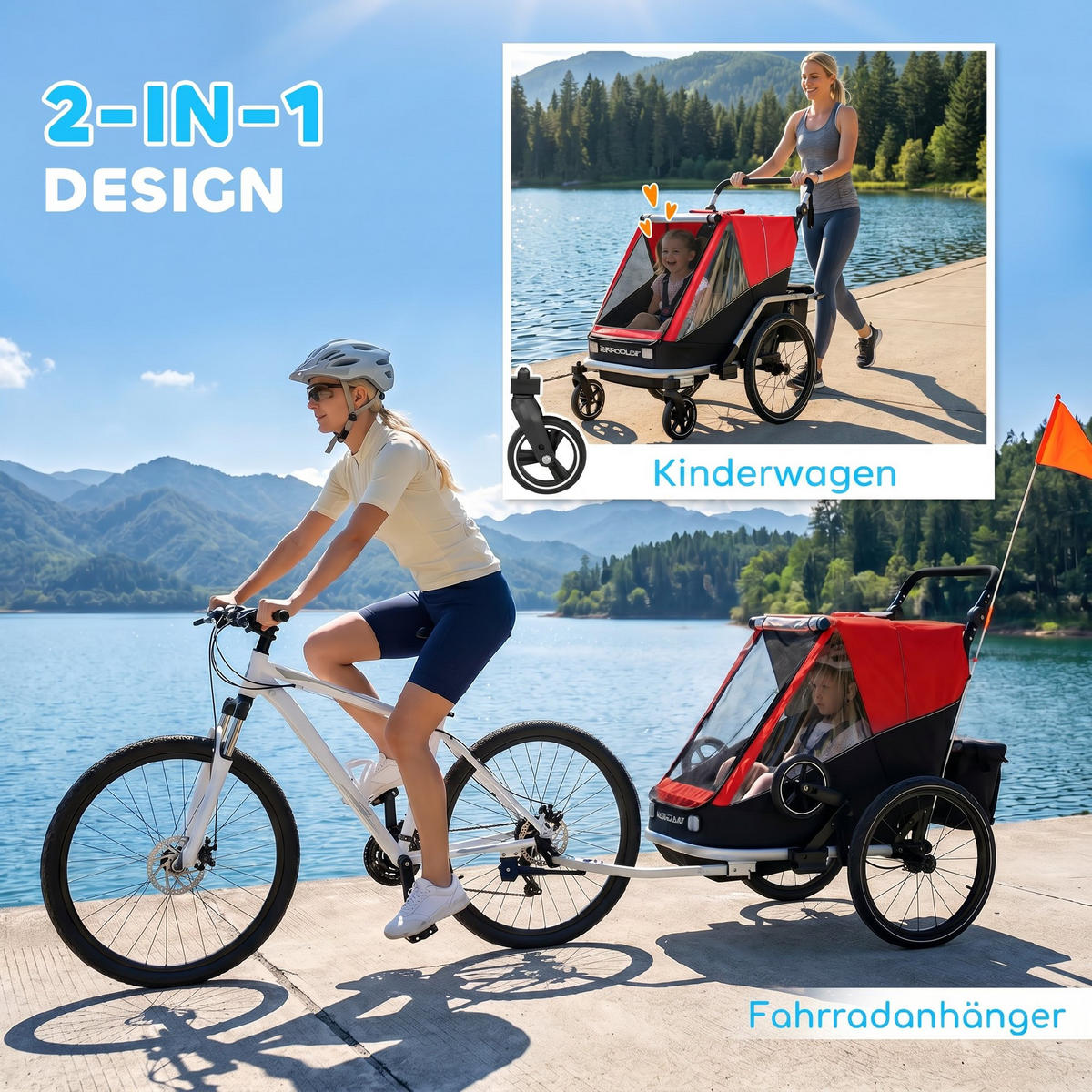 KINDERFAHRRADANHÄNGER Stahl Oxford Gewebe Rot - Rot, Metall (82/102/155cm) - AIYAPLAY