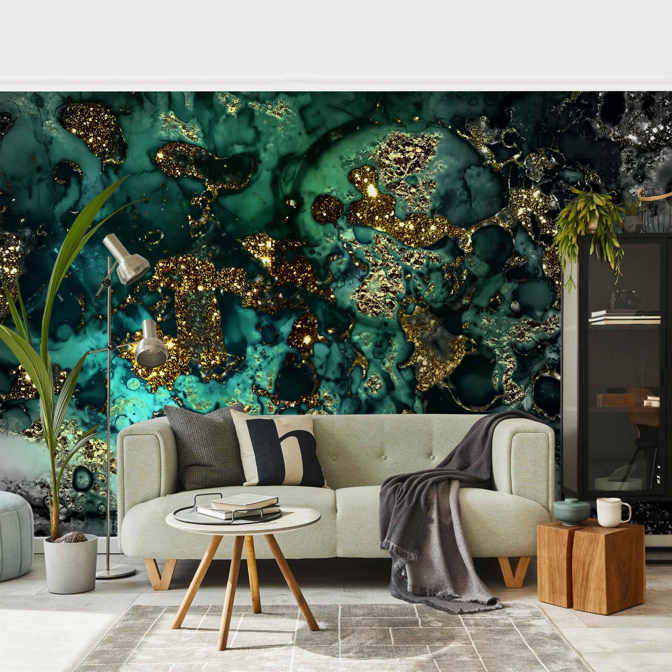 FOTOTAPETE Goldene Meeres-Inseln Abstrakt 384/255 cm - Schwarz, Papier (384/255cm) - Bilderwelten