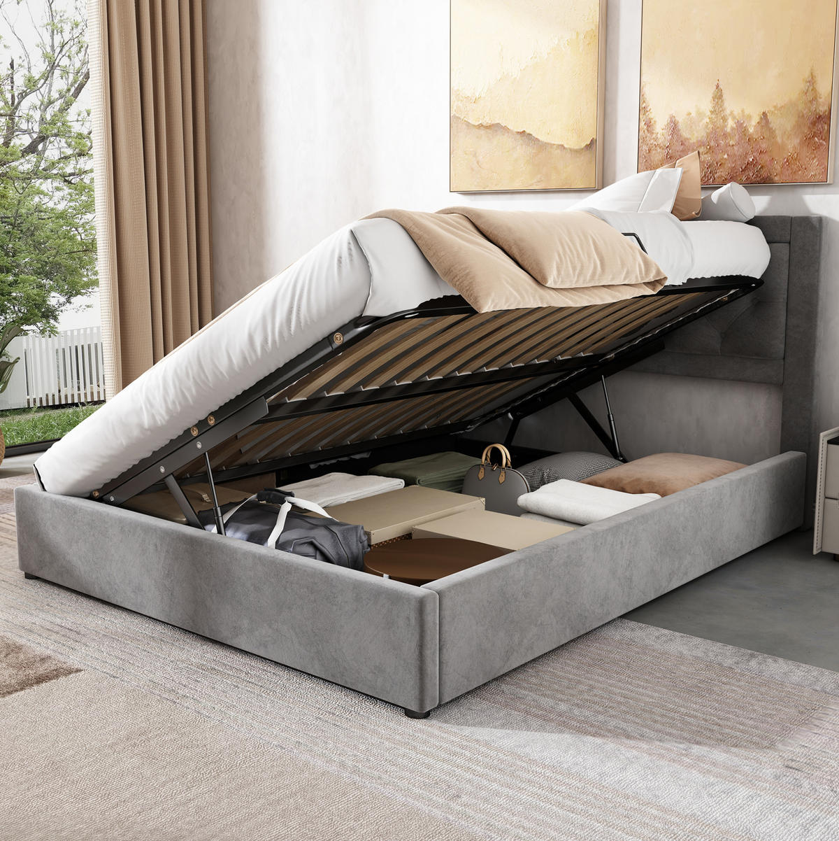POLSTERBETT 140/200 cm Grau aus Samt und Stahl mit Stauraum - Grau, Metall (140/200cm) - OKMYHOME