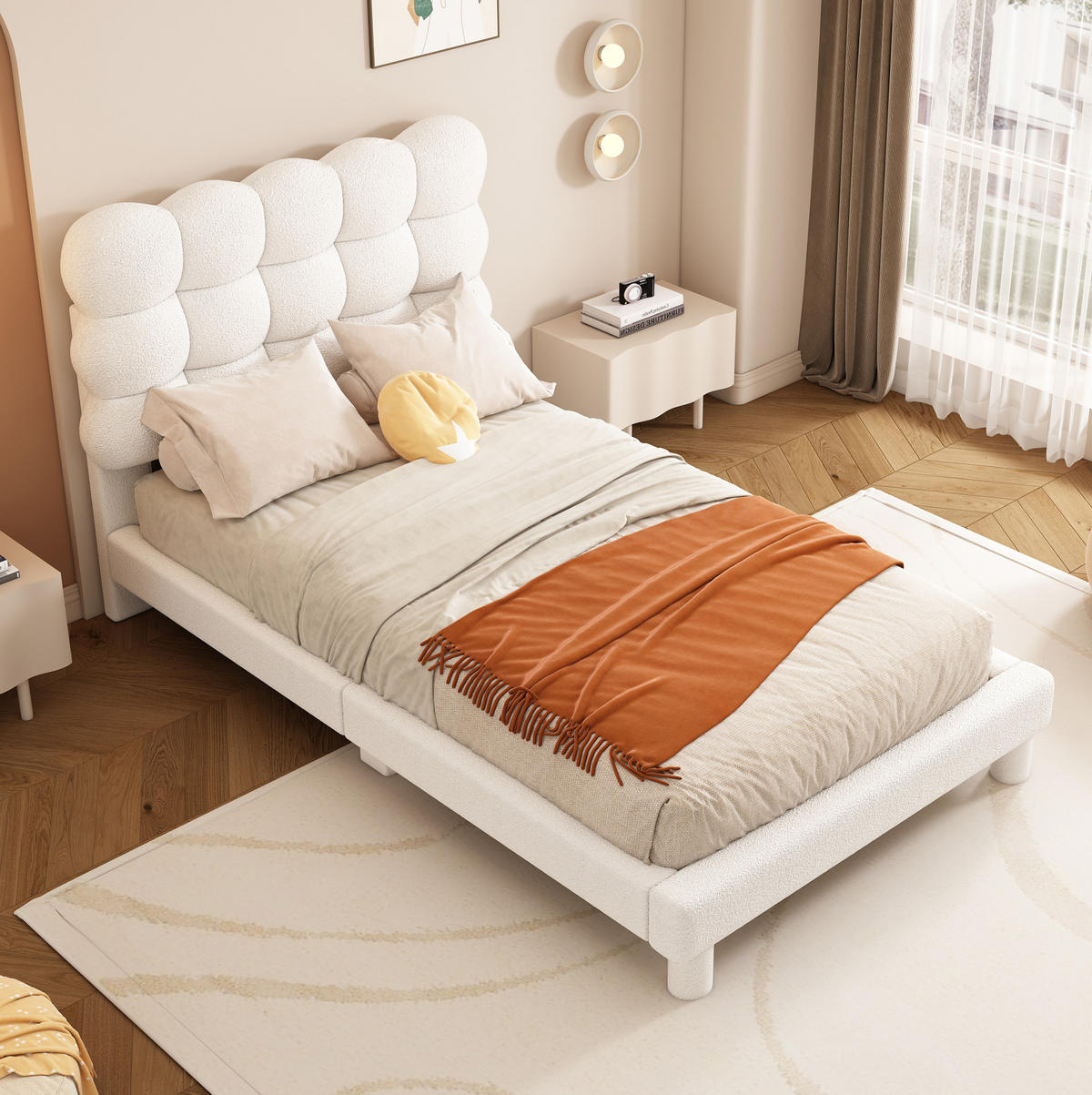 POSTEL 90/200 cm z plyše a MDF, bílá, s nastavitelným čelem - bílá, textil (90/200cm) - BEAOK