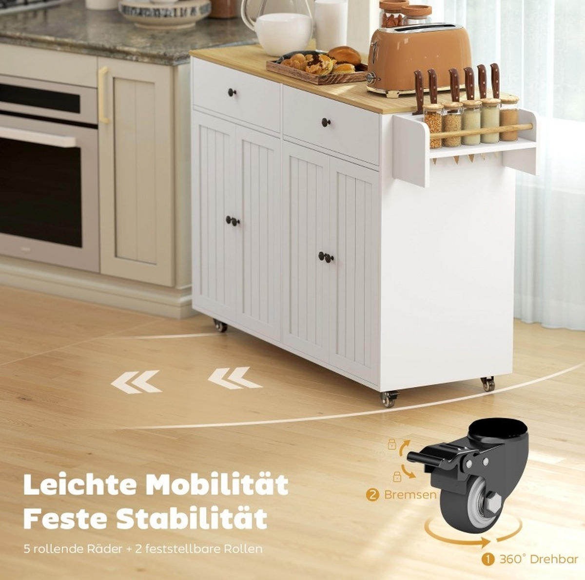 KÜCHENINSEL Weiß aus Holz auf Rollen - Weiß, Holz (43/89/147cm) - OKMYHOME