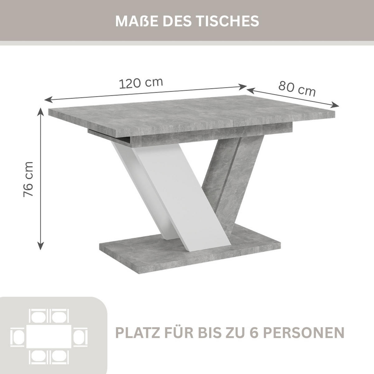 ESSTISCH Grau Betonoptik und Weiß Ausziehbar 120 - 160 cm - Weiß/Grau, Holzwerkstoff (120/80/76cm) - PROSPERO