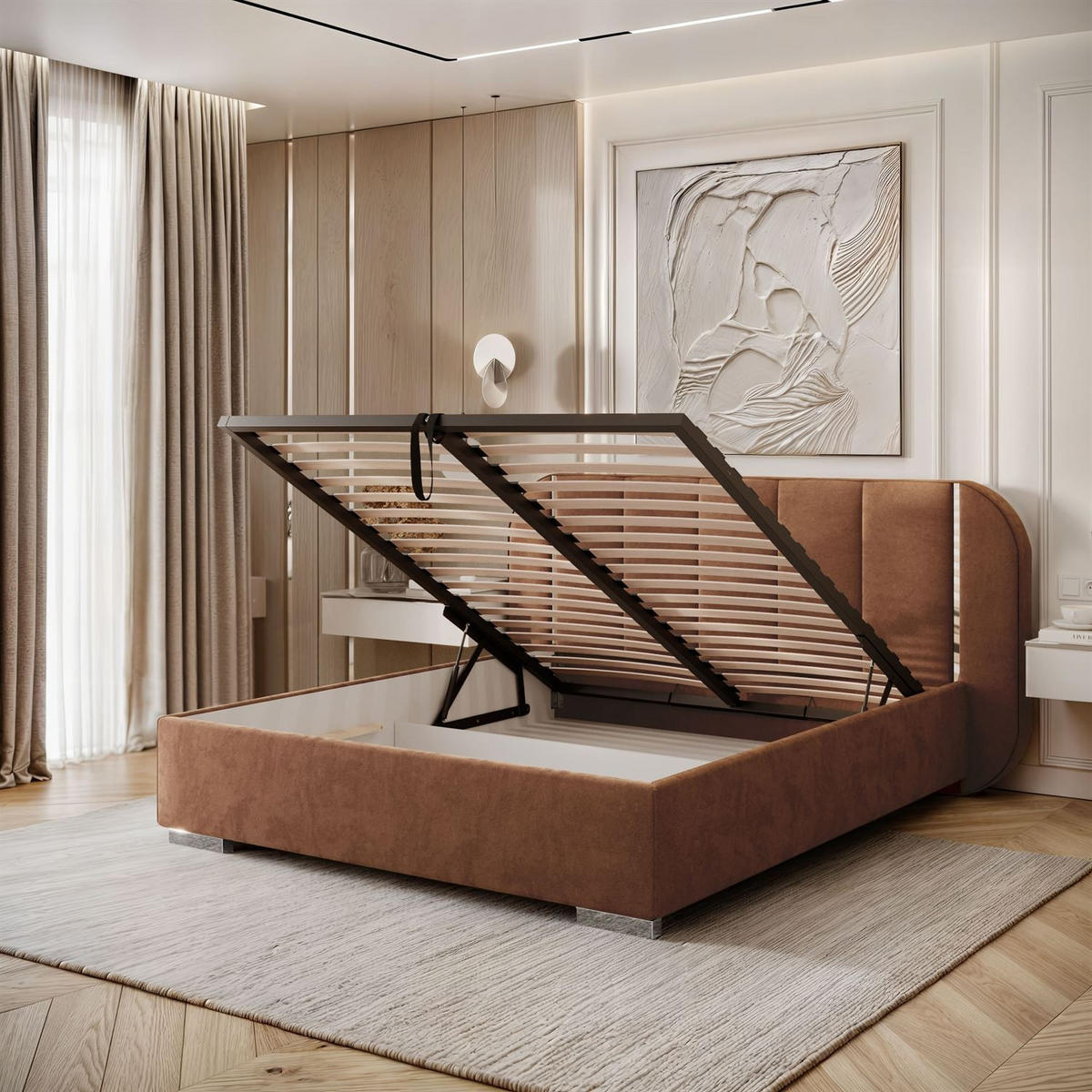 BETT AMARA SILVER 140x200 gepolstert mit Stauraum und Lattenrost, Royal Velvet 198 - Braun, Textil (140/200cm) - Lookway