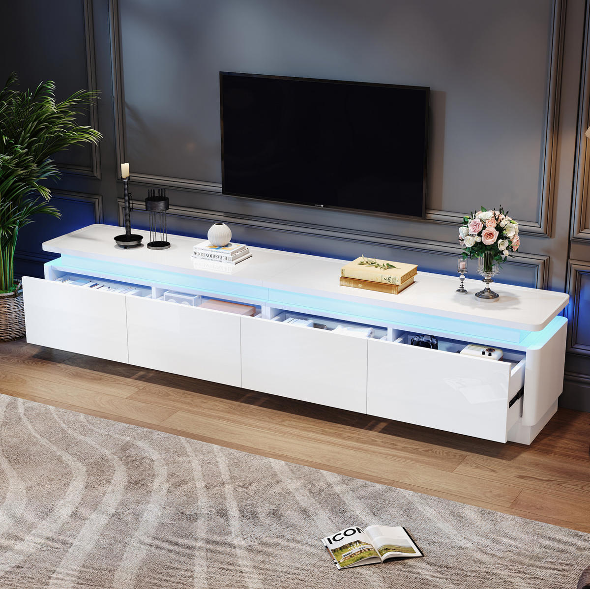 LOWBOARD 180/34/40 cm aus Spanplatte mit LED-Beleuchtung Weiß - Weiß, Holzwerkstoff (180/40/34cm) - Modenvie