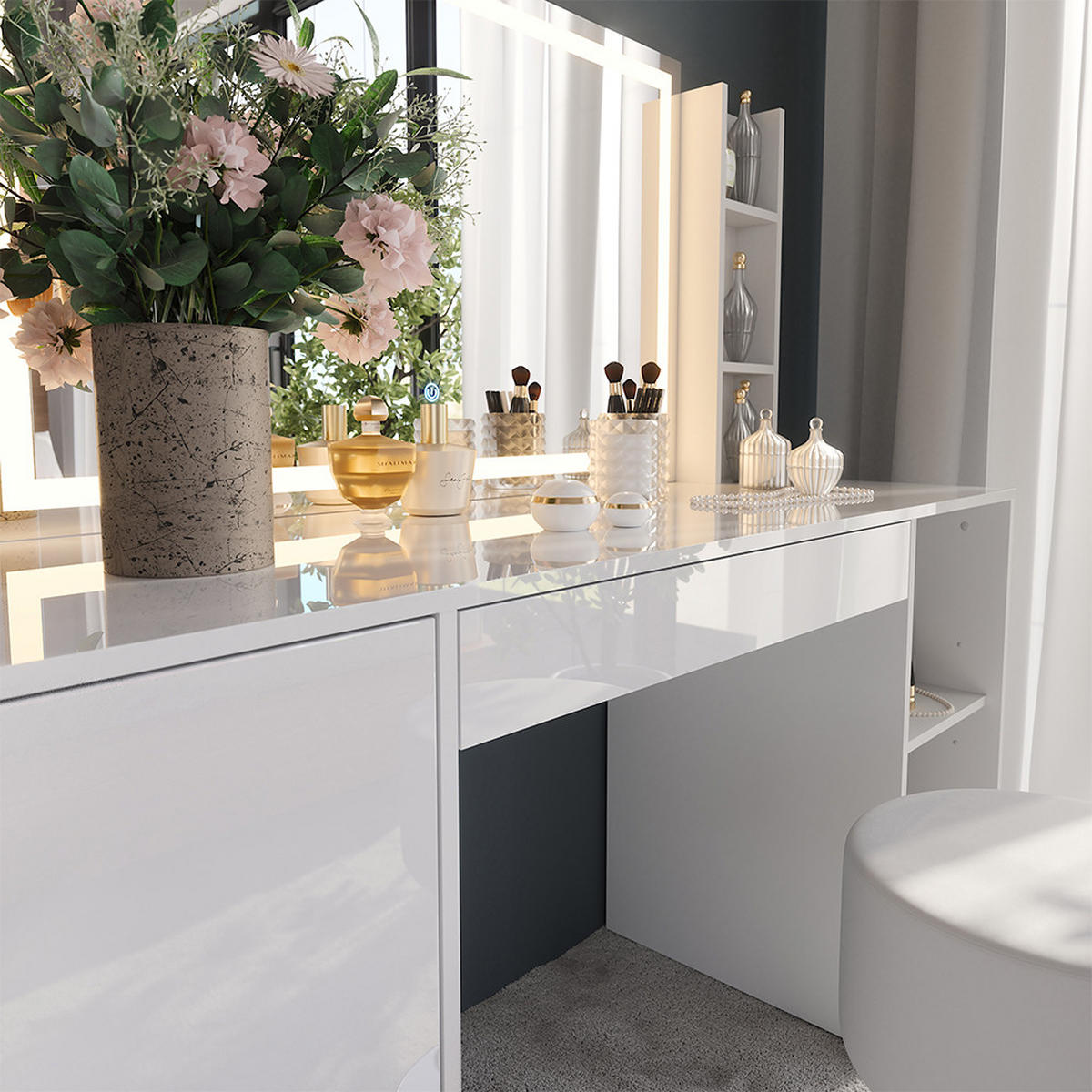 SCHMINKTISCH Sherry Weiß/Weiß Hochglanz 158.2 cm 5 Teile - Weiß Hochglanz, Holzwerkstoff (158.2/76/50.1cm) - Vicco