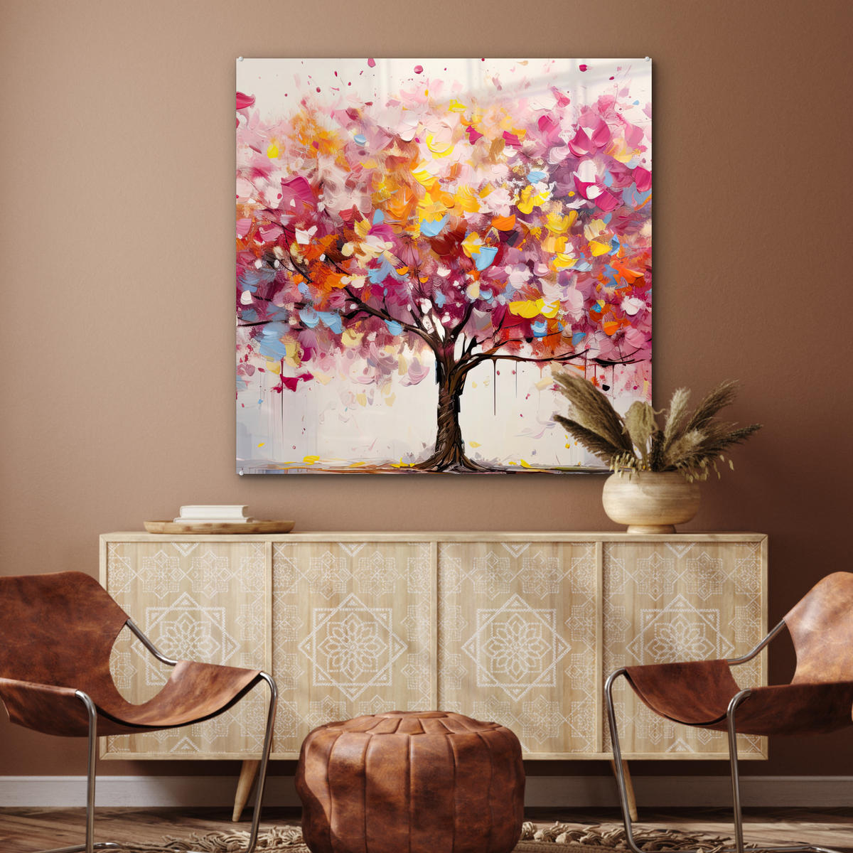 ACRYLGLASBILD Aquarell - Baum - Kunst - Abstrakt 90x90 cm - Multicolor, Glas (90/90cm) - MuchoWow