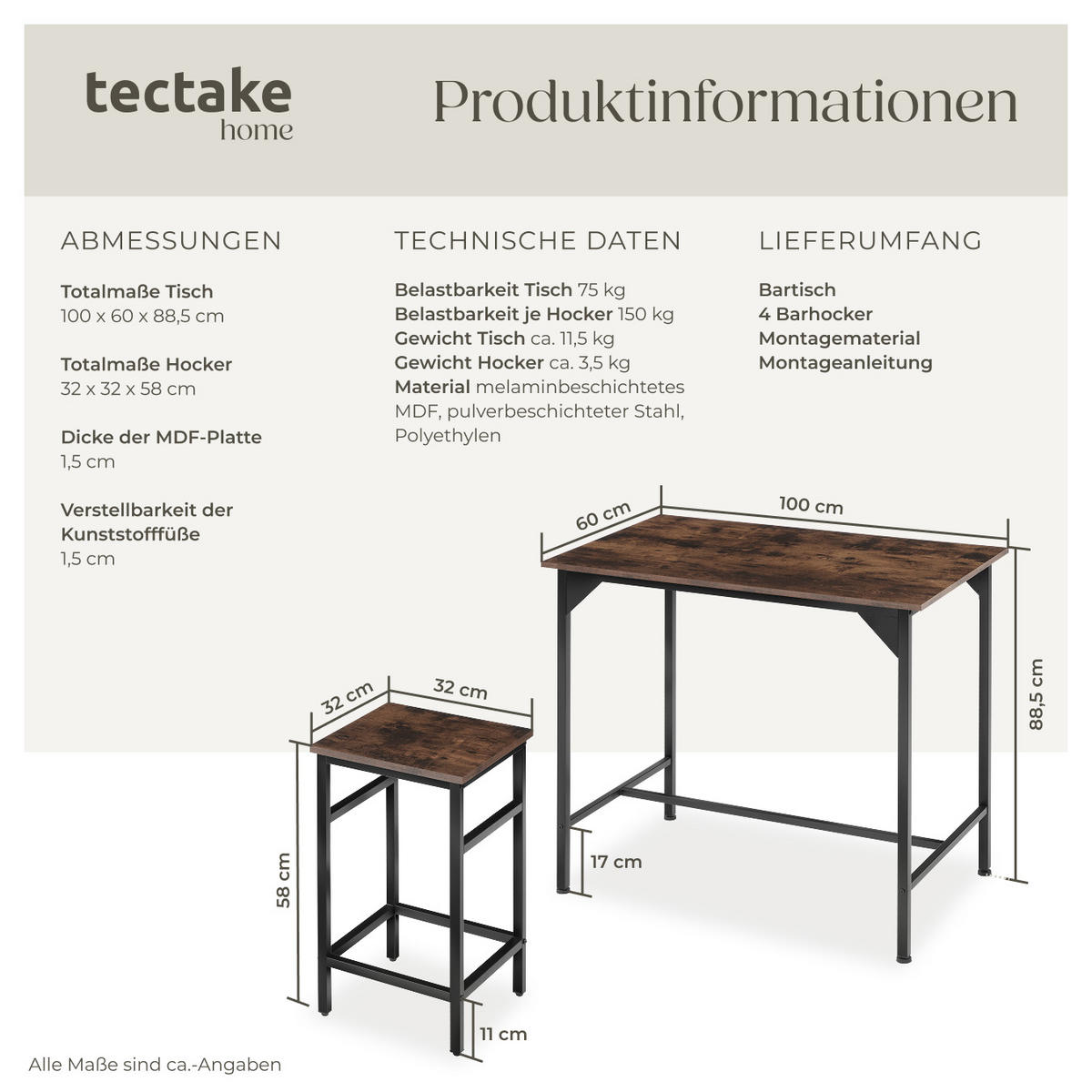 BARTISCH-SET Edinburgh,mit höhenverstellbaren Kunststofffüßen,Industrial Holz dunkel, rustikal - Rostfarben, Holz (124/88.5/100cm) - tectake