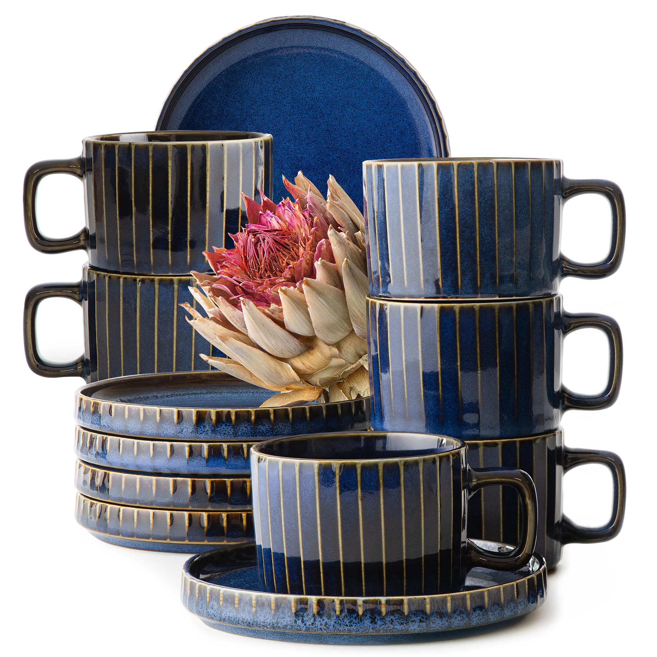 KAFFEESERVICE AD STRIPES 6 PERSONEN, 12-tlg - Dunkelblau, Keramik (14/6/14cm) - KONSIMO®