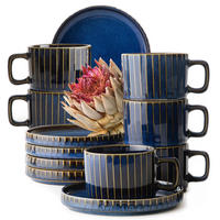 KAFFEESERVICE AD STRIPES 6 PERSONEN, 12-tlg - Dunkelblau, Keramik (14/6/14cm) - KONSIMO®