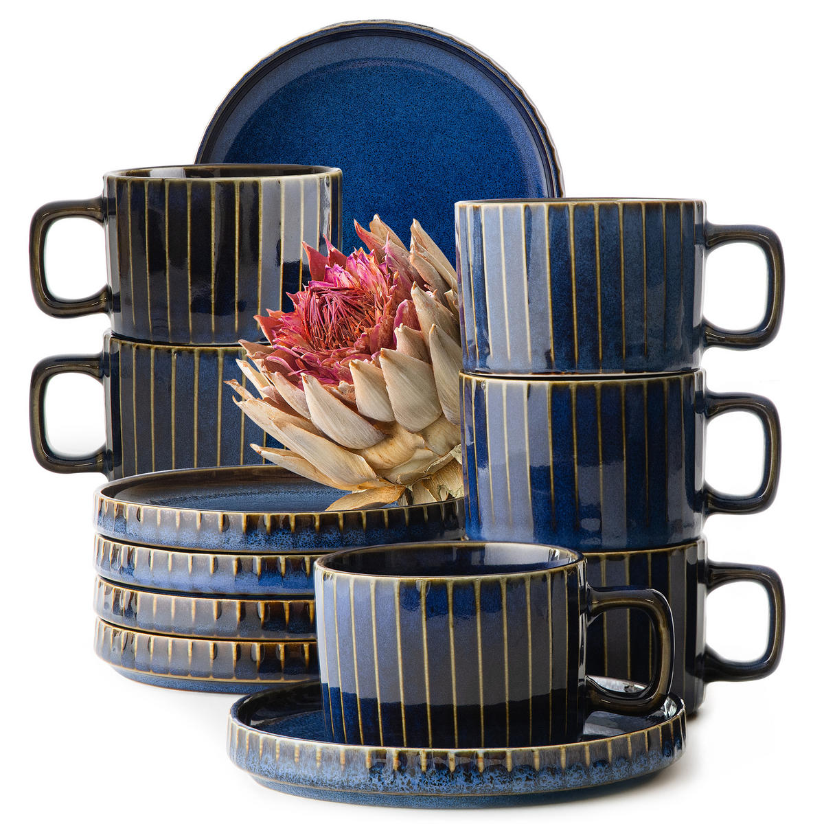 KAFFEESERVICE AD STRIPES 6 PERSONEN, 12-tlg - Dunkelblau, Keramik (14/6/14cm) - KONSIMO®