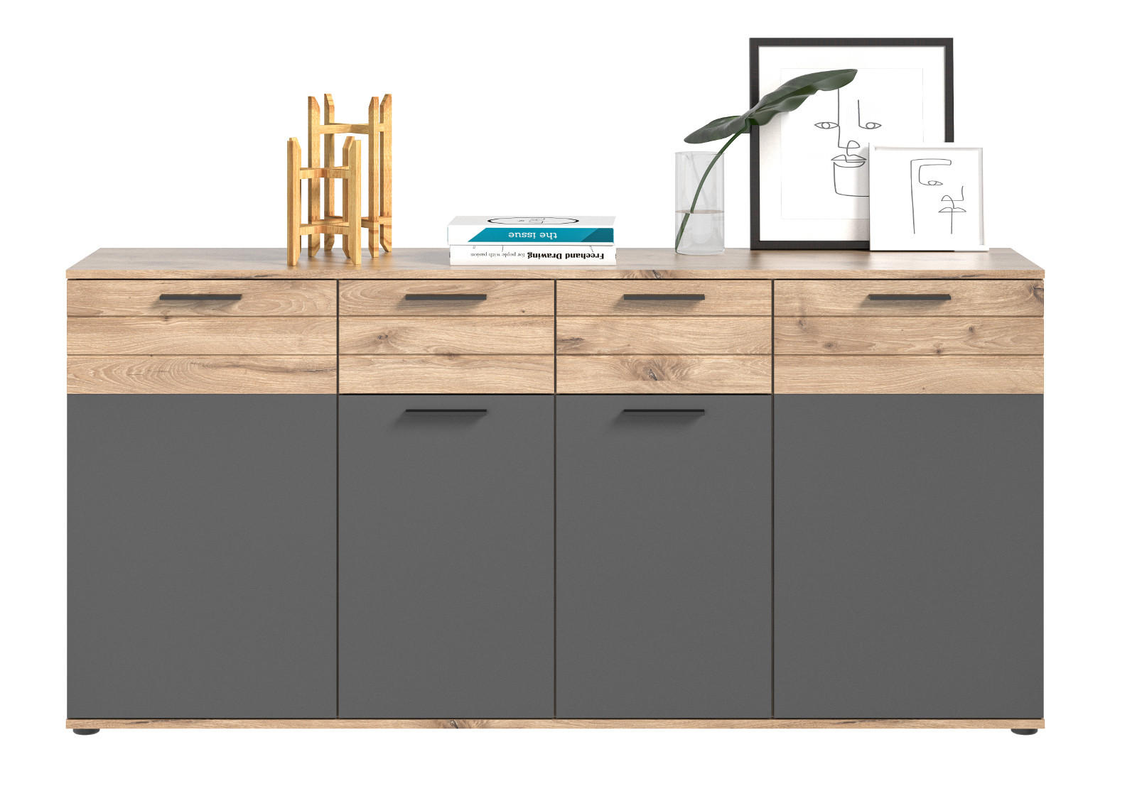 SIDEBOARD Eiche, grau 180 cm, Kommode mit Soft-Close, Wohn- und Esszimmermöbel - Eichefarben/Schwarz, Holzwerkstoff/Kunststoff (180/87/40cm) - Inn.Furn