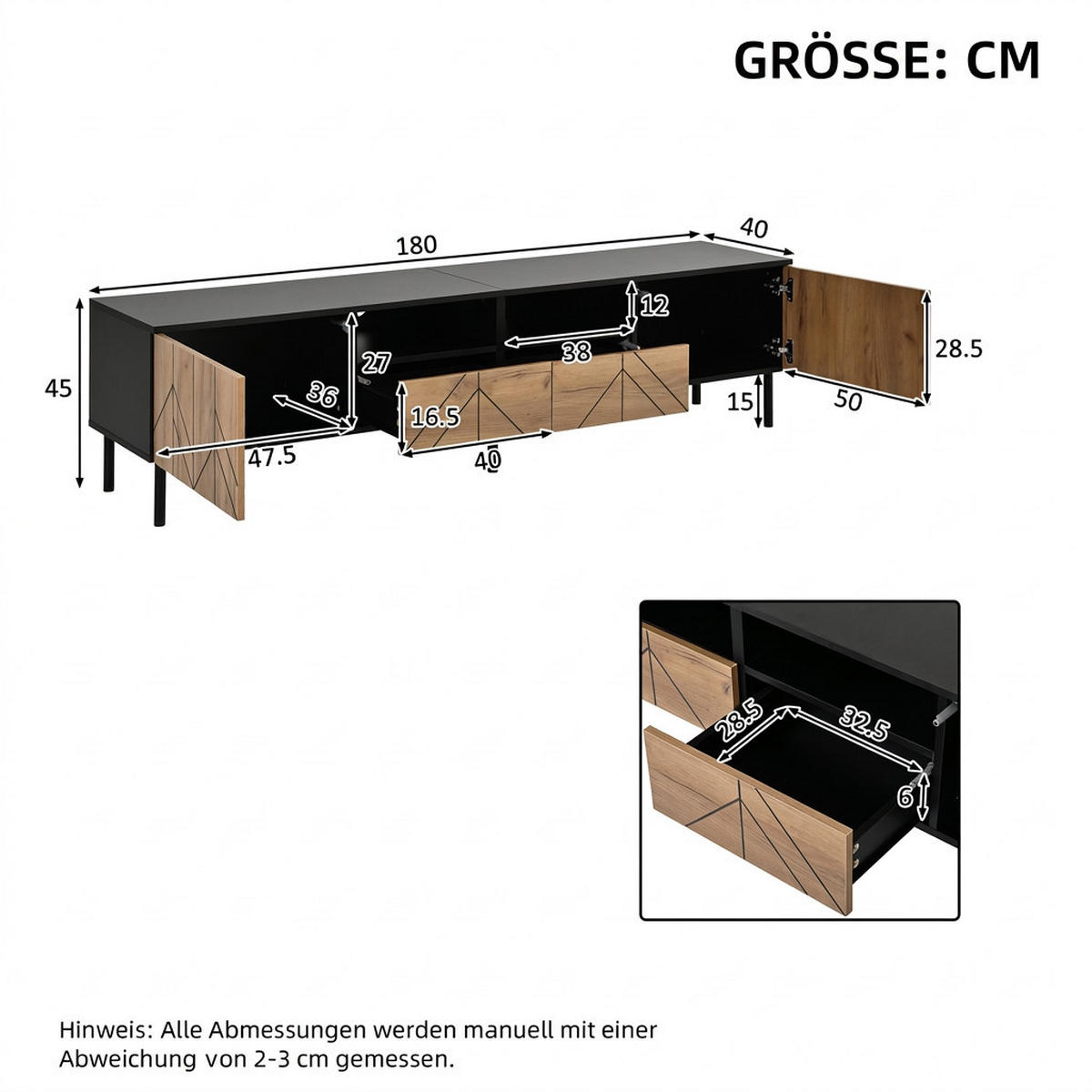 TV-SCHRANK 180/40/45 cm Naturholz mit 2 Schubladen und 2 Türen - Schwarz, Holzwerkstoff (180/45/40cm) - Oxeza