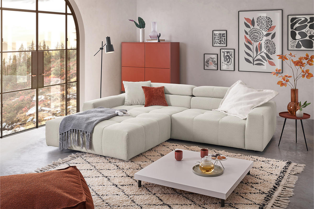 ECKSOFA RENO Silber Cord - Silberfarben/Schwarz, Kunststoff/Textil (258/217cm) - KAWOLA